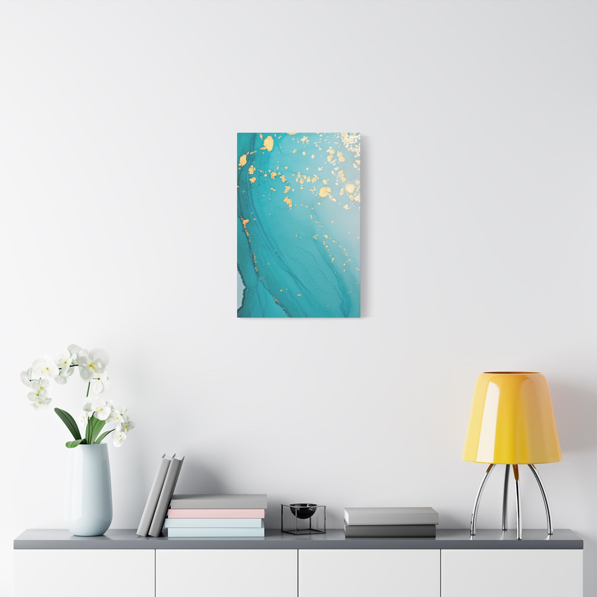Turquoise & Gold Abstract Wall Art – Fluid Ink Canvas Print with Pink Accents for Modern Interior Décor