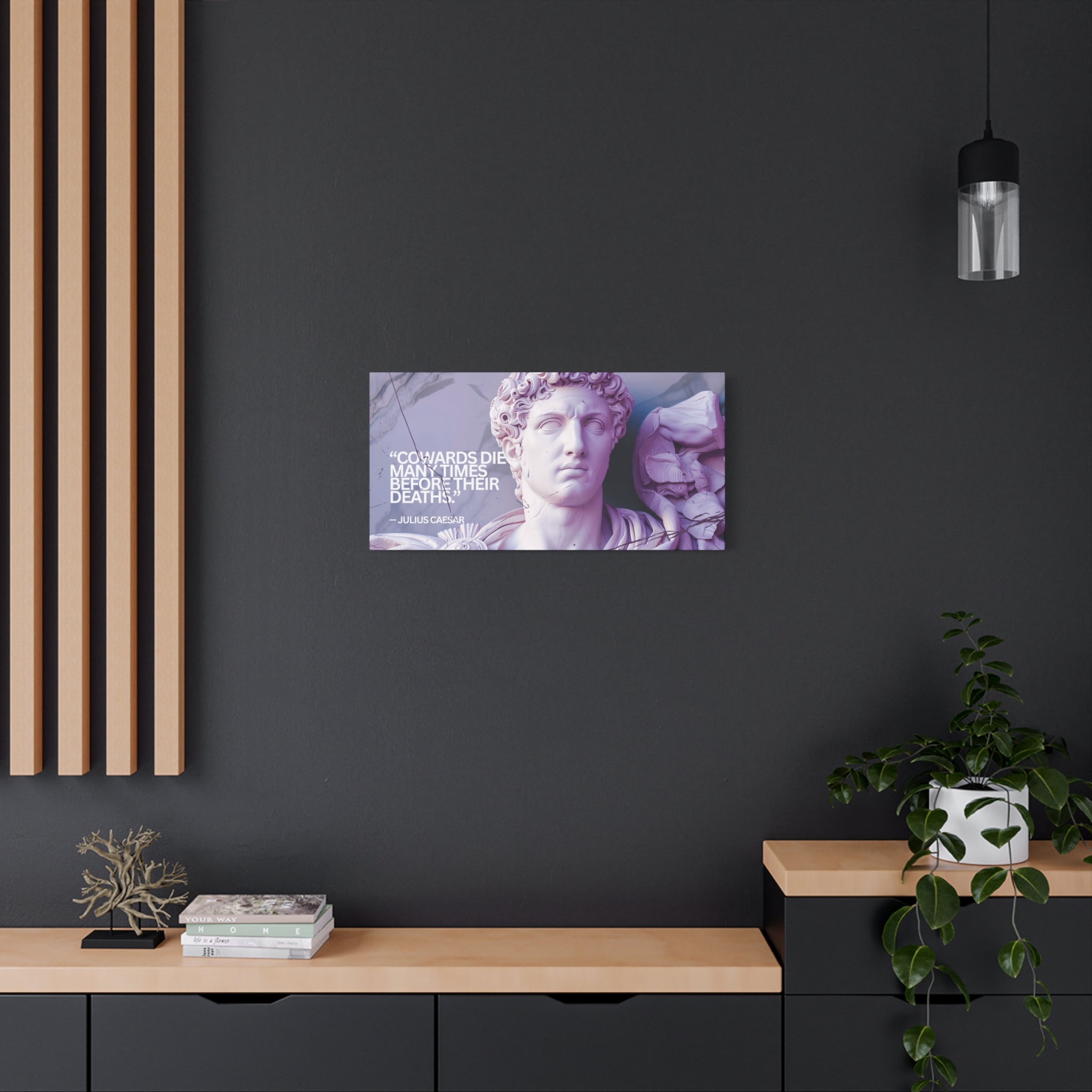 “Cowards Die Many Times” Julius Caesar Quote Wall Art – Lavender Roman Bust Canvas for Bold and Thoughtful Spaces