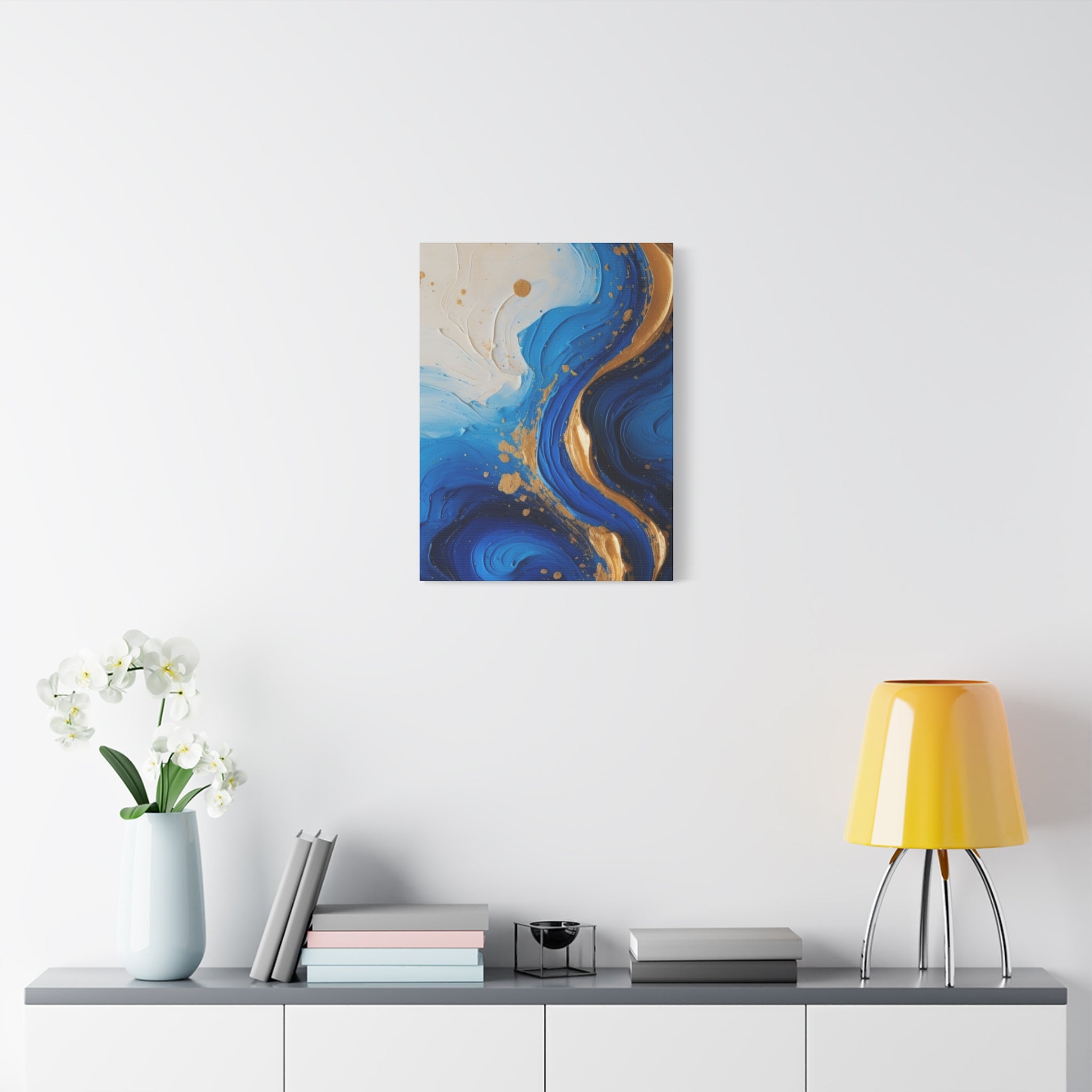Blue and Gold Abstract Fluid Wall Art – Luxury Canvas Print with Textured Paint Swirls for Modern Home Décor