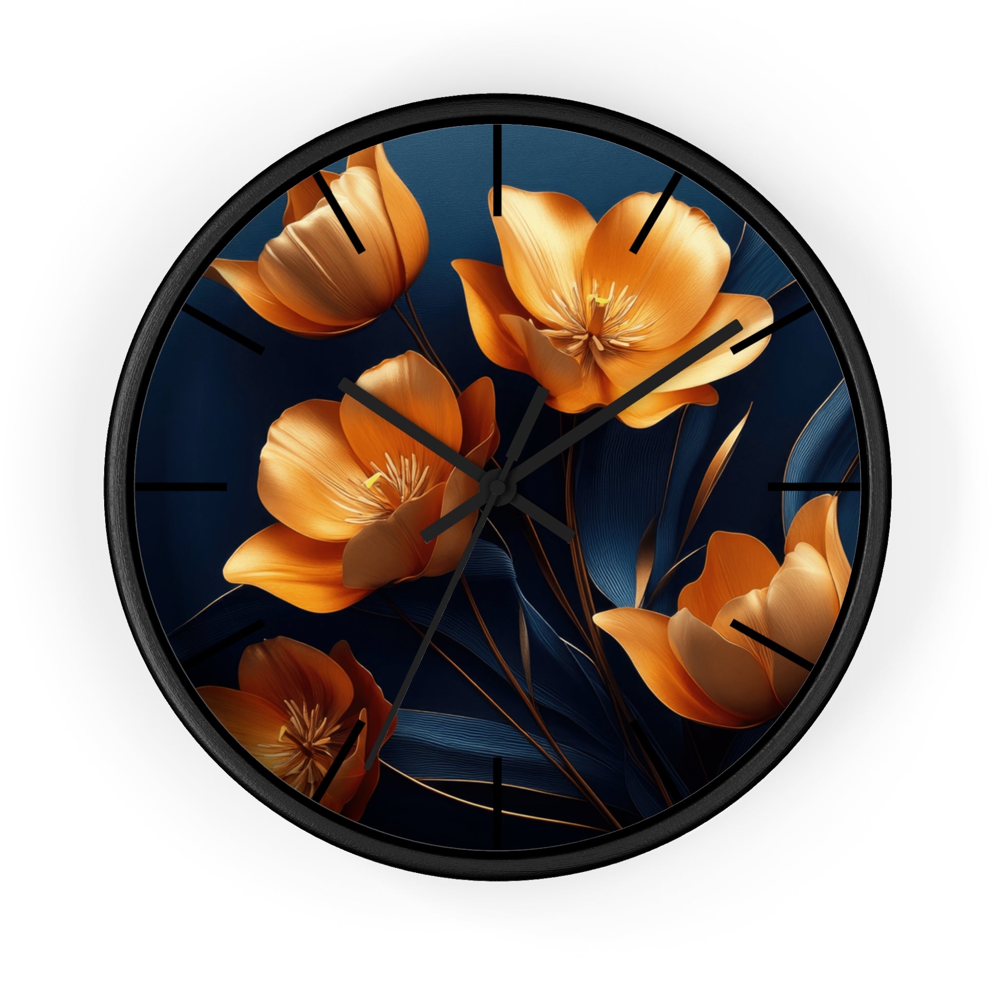 Golden Tulip Wall Clock – Elegant Floral Decor with Midnight Blue Backdrop