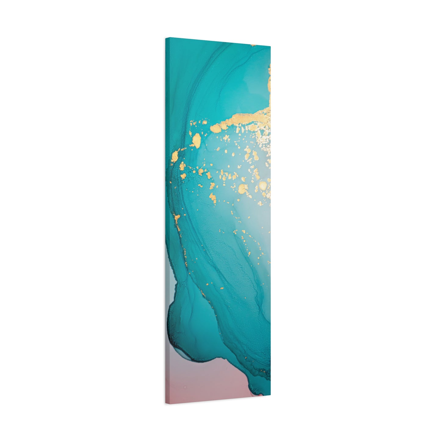 Turquoise & Gold Abstract Wall Art – Fluid Ink Canvas Print with Pink Accents for Modern Interior Décor