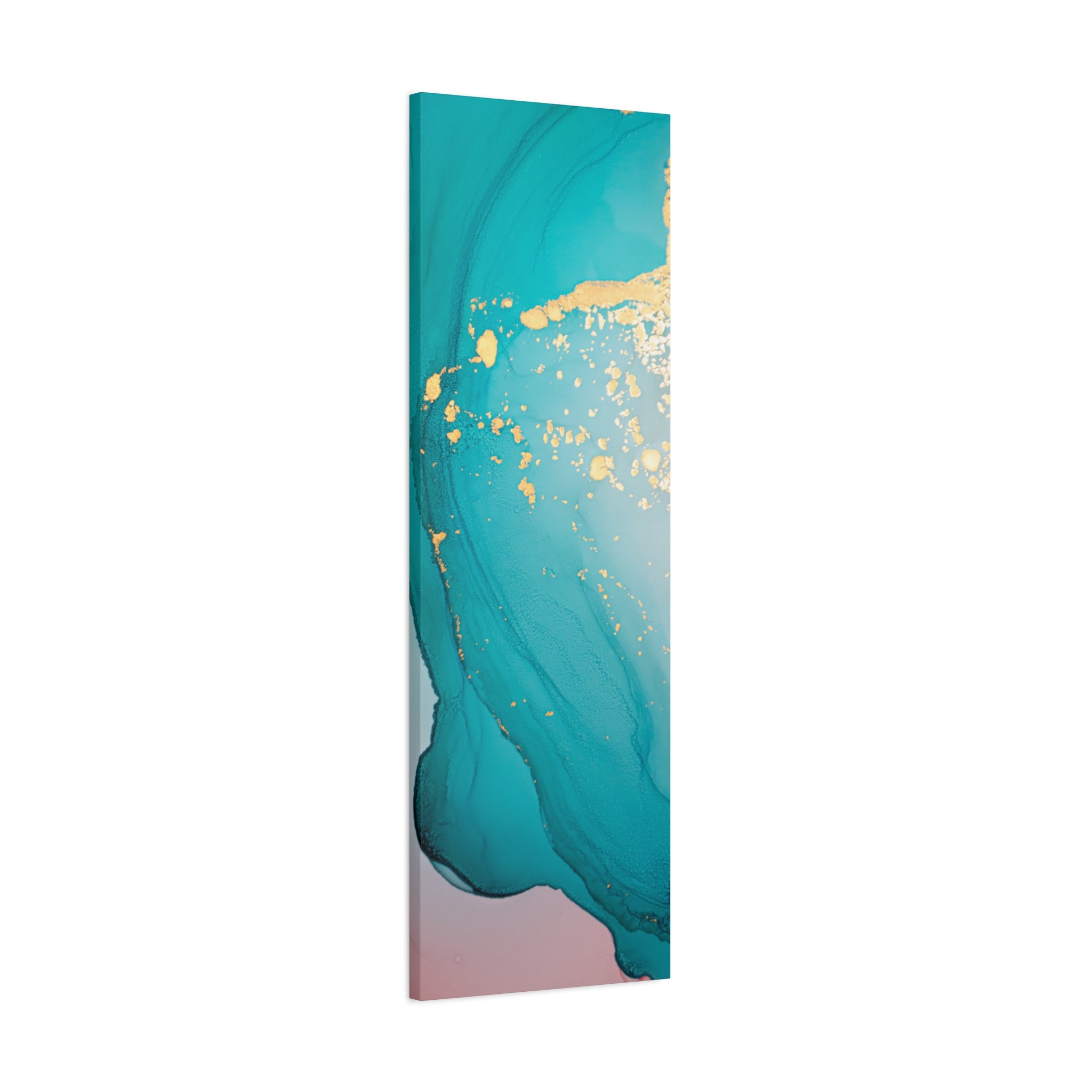 Turquoise & Gold Abstract Wall Art – Fluid Ink Canvas Print with Pink Accents for Modern Interior Décor