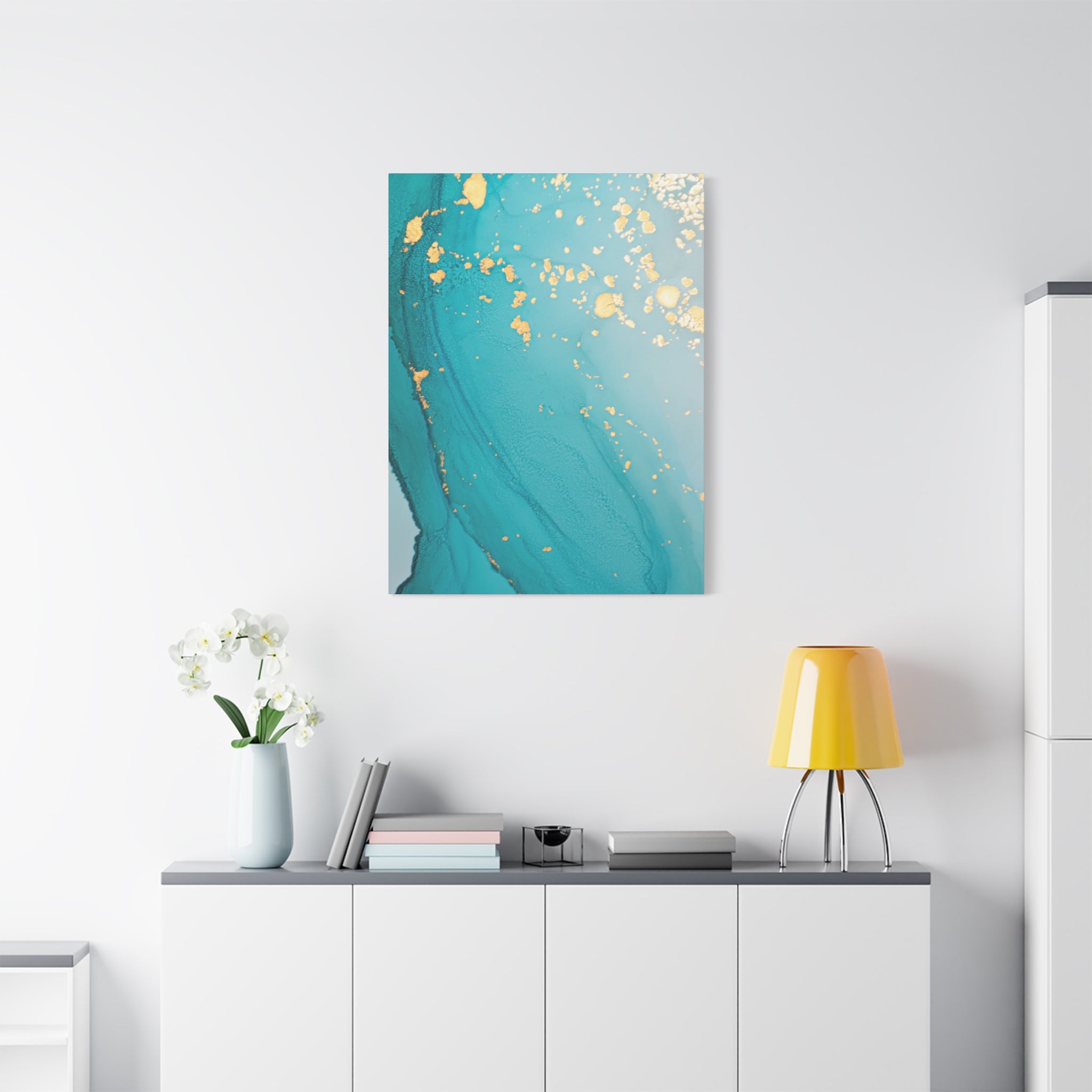 Turquoise & Gold Abstract Wall Art – Fluid Ink Canvas Print with Pink Accents for Modern Interior Décor