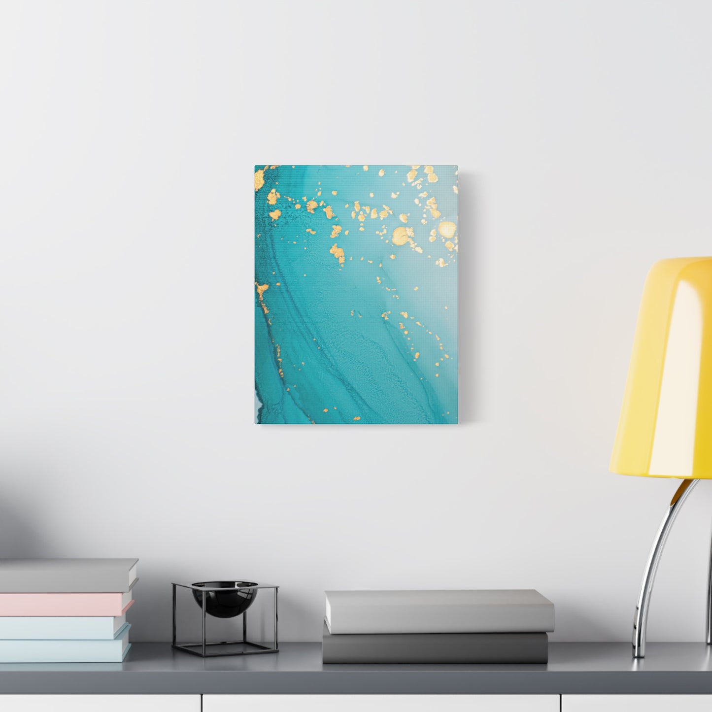Turquoise & Gold Abstract Wall Art – Fluid Ink Canvas Print with Pink Accents for Modern Interior Décor