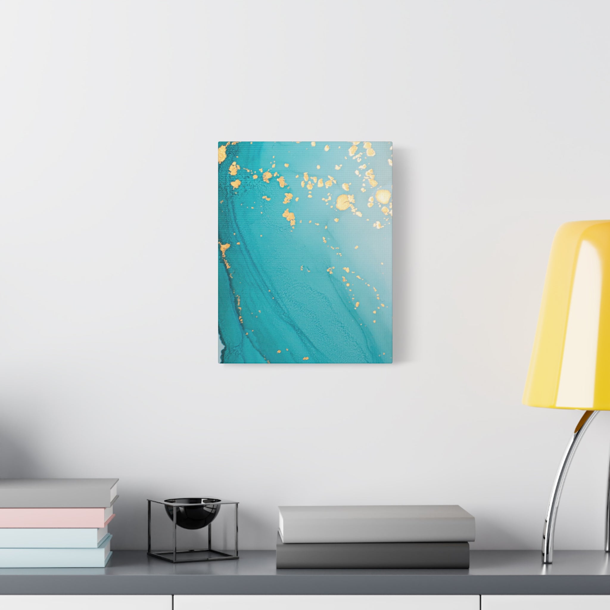 Turquoise & Gold Abstract Wall Art – Fluid Ink Canvas Print with Pink Accents for Modern Interior Décor