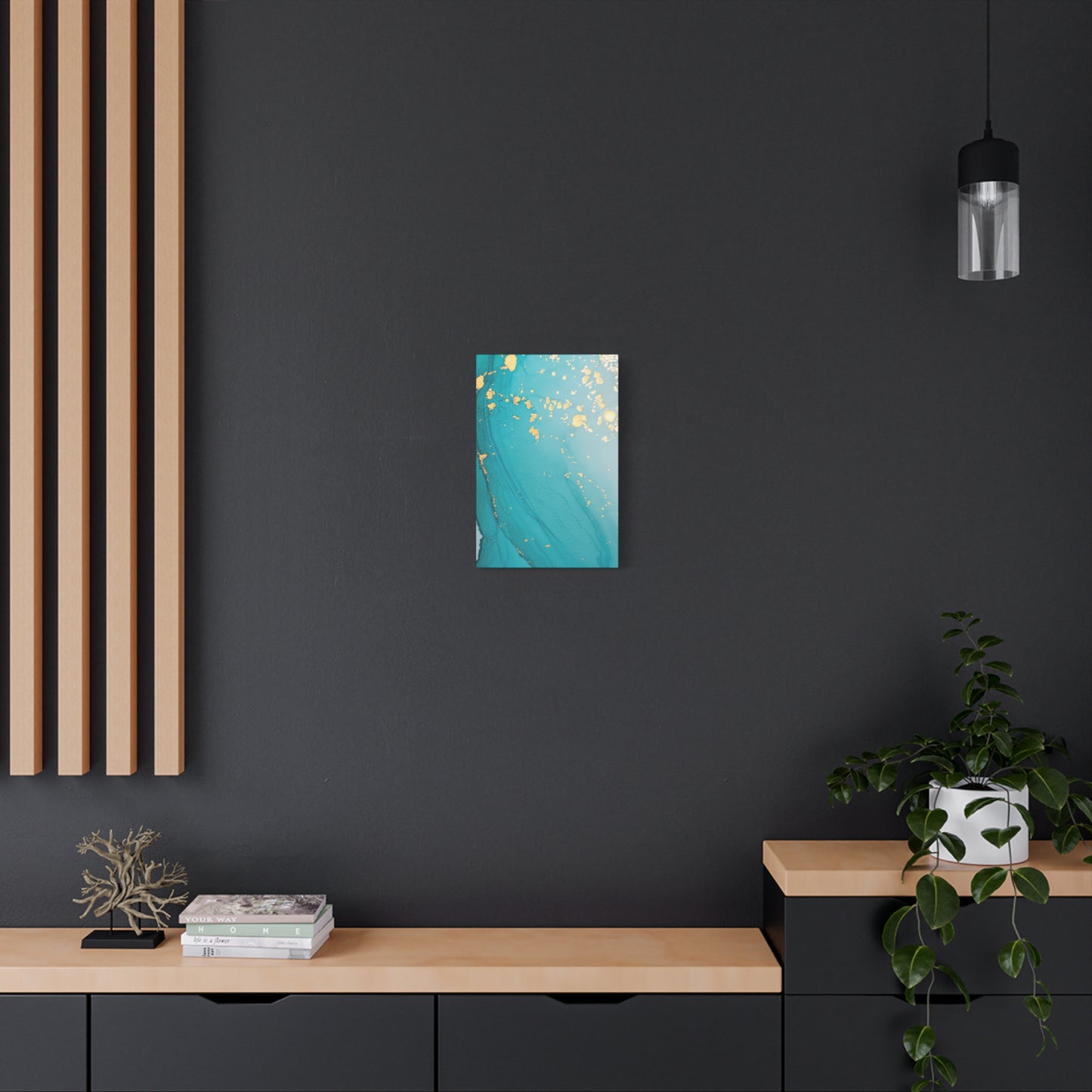 Turquoise & Gold Abstract Wall Art – Fluid Ink Canvas Print with Pink Accents for Modern Interior Décor