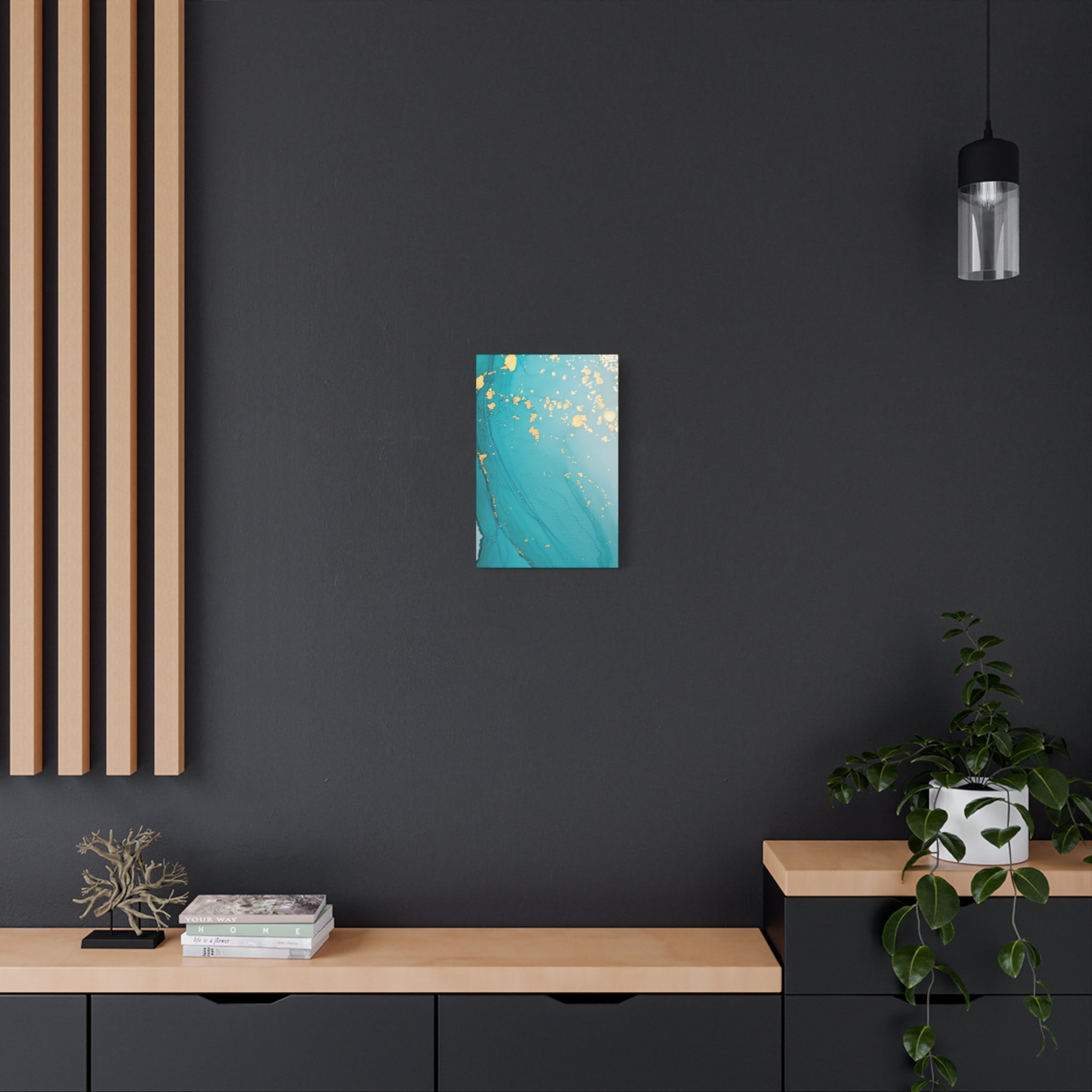 Turquoise & Gold Abstract Wall Art – Fluid Ink Canvas Print with Pink Accents for Modern Interior Décor