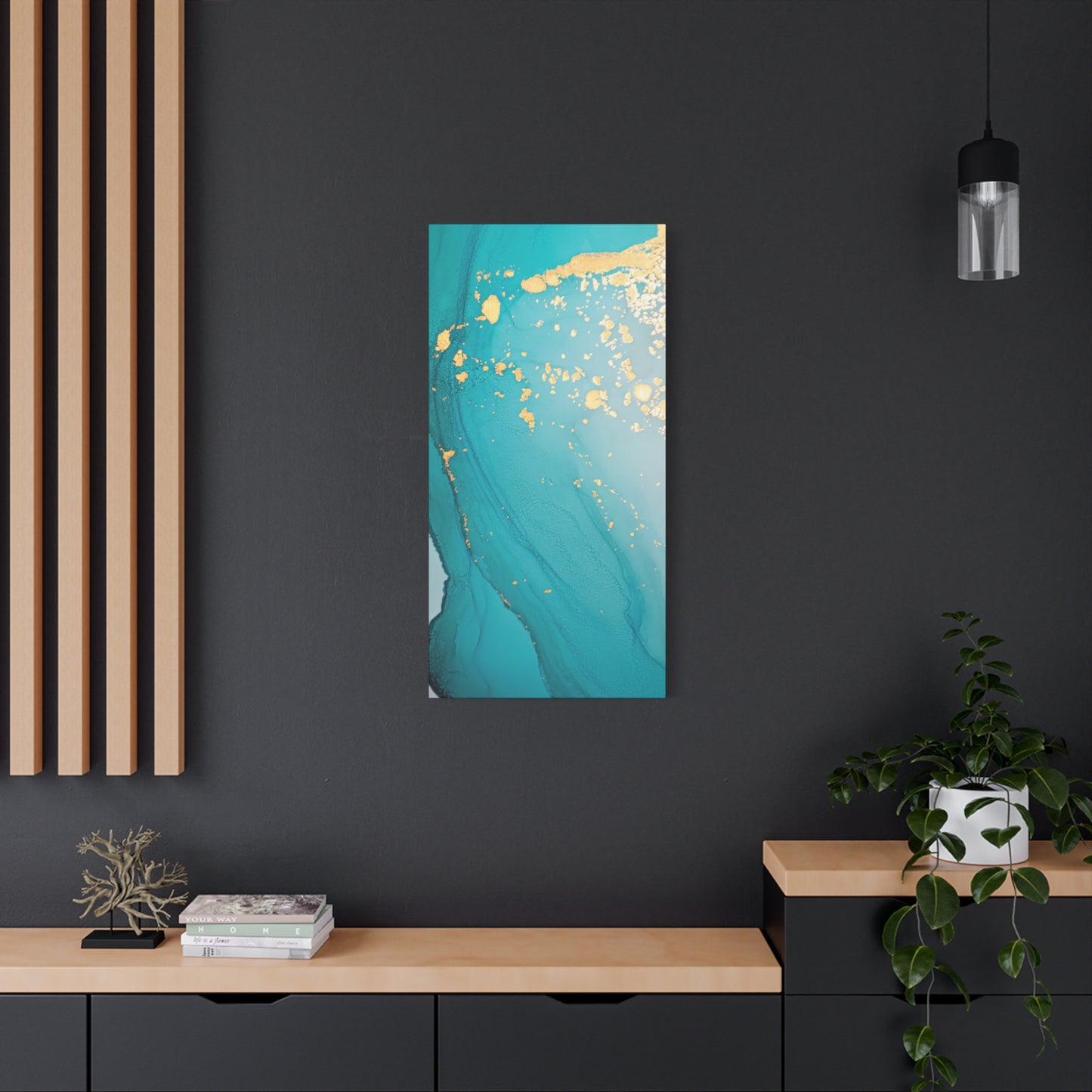 Turquoise & Gold Abstract Wall Art – Fluid Ink Canvas Print with Pink Accents for Modern Interior Décor