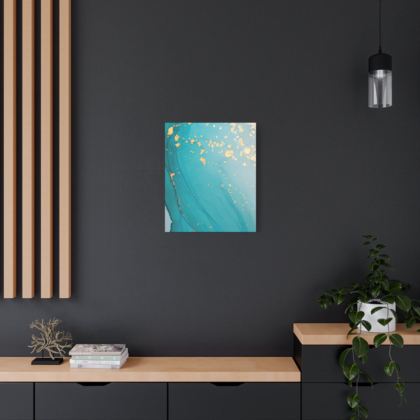 Turquoise & Gold Abstract Wall Art – Fluid Ink Canvas Print with Pink Accents for Modern Interior Décor