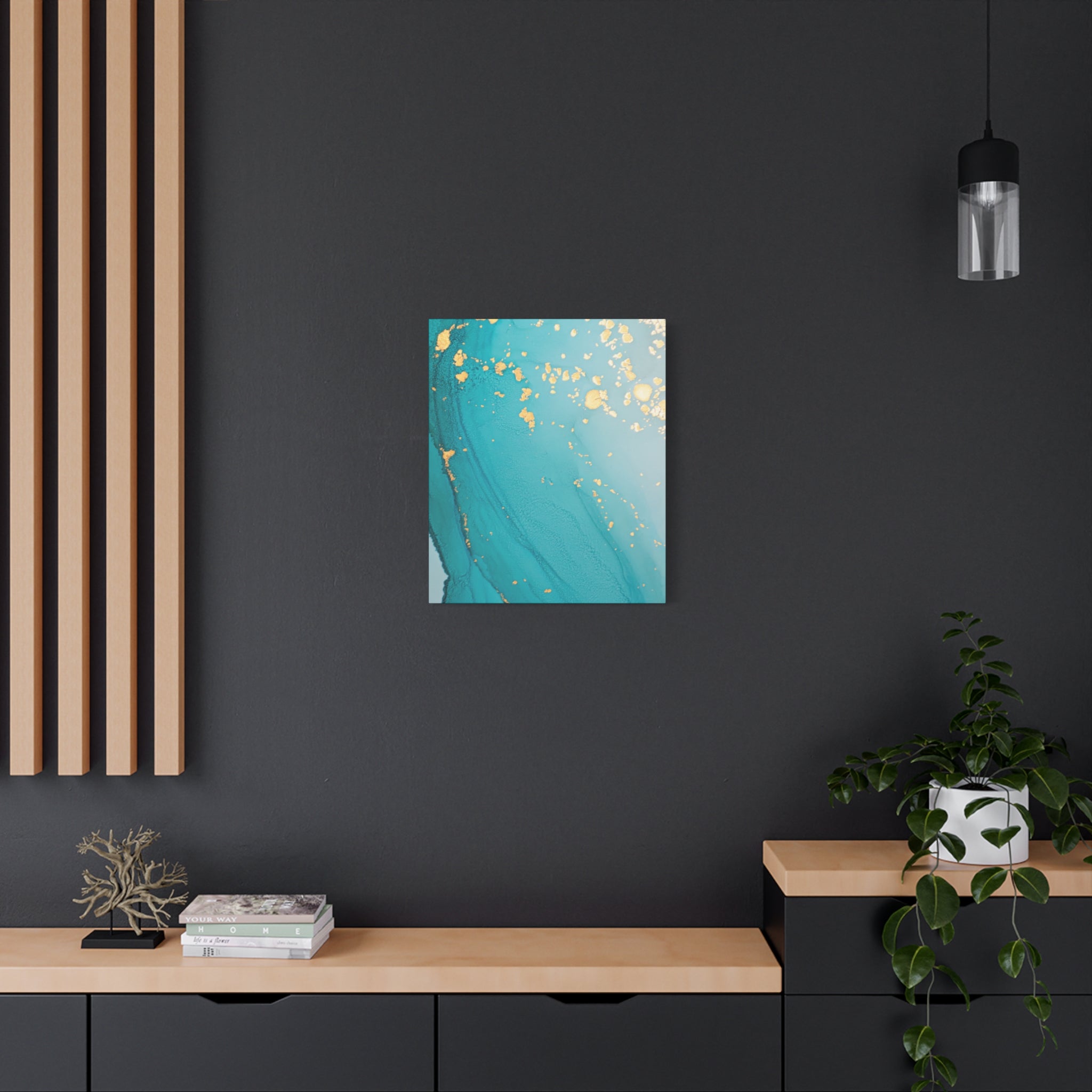 Turquoise & Gold Abstract Wall Art – Fluid Ink Canvas Print with Pink Accents for Modern Interior Décor