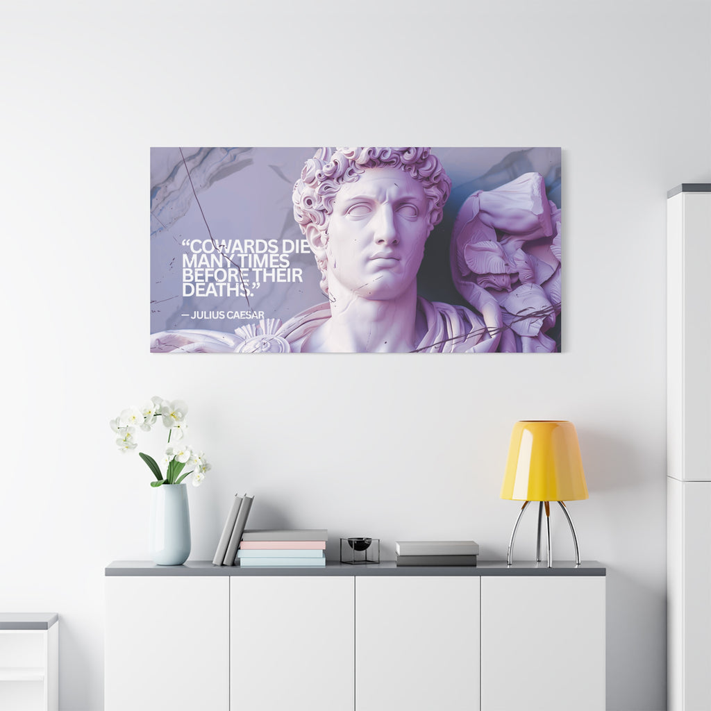“Cowards Die Many Times” Julius Caesar Quote Wall Art – Lavender Roman Bust Canvas for Bold and Thoughtful Spaces