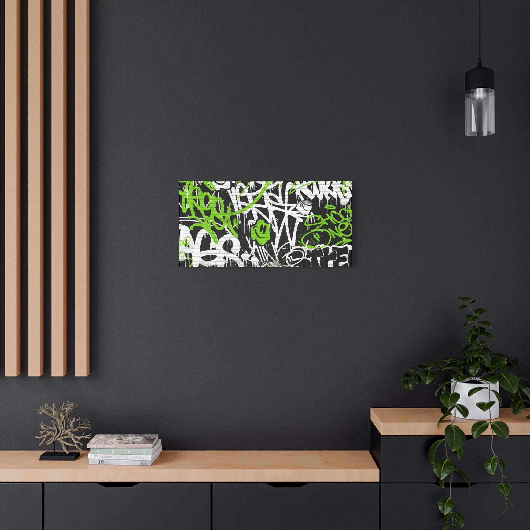 Neon Green Graffiti Wall Art – Urban Street Style Canvas with Tags, Smiley Faces & Brick Texture