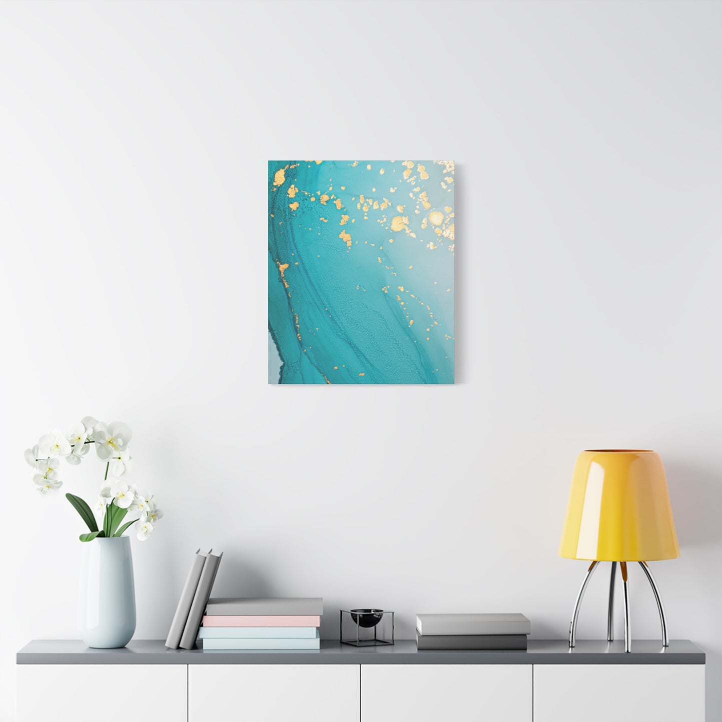 Turquoise & Gold Abstract Wall Art – Fluid Ink Canvas Print with Pink Accents for Modern Interior Décor