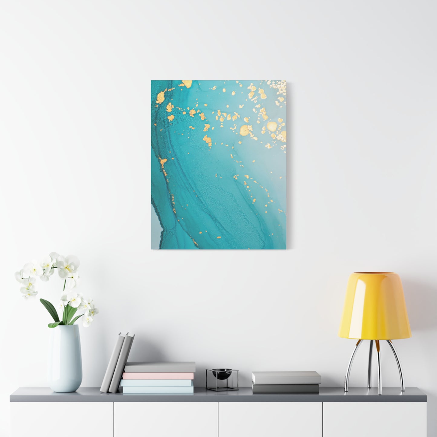 Turquoise & Gold Abstract Wall Art – Fluid Ink Canvas Print with Pink Accents for Modern Interior Décor