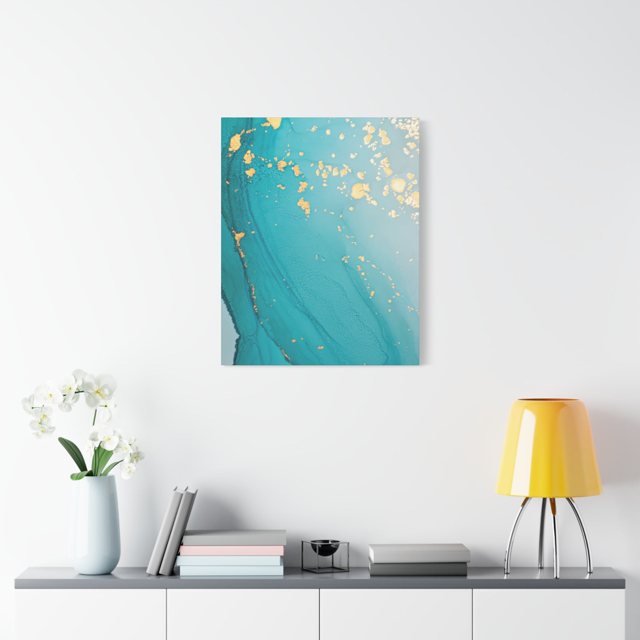 Turquoise & Gold Abstract Wall Art – Fluid Ink Canvas Print with Pink Accents for Modern Interior Décor