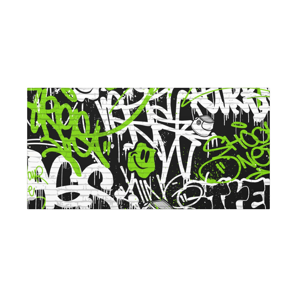 Neon Green Graffiti Wall Art – Urban Street Style Canvas with Tags, Smiley Faces & Brick Texture