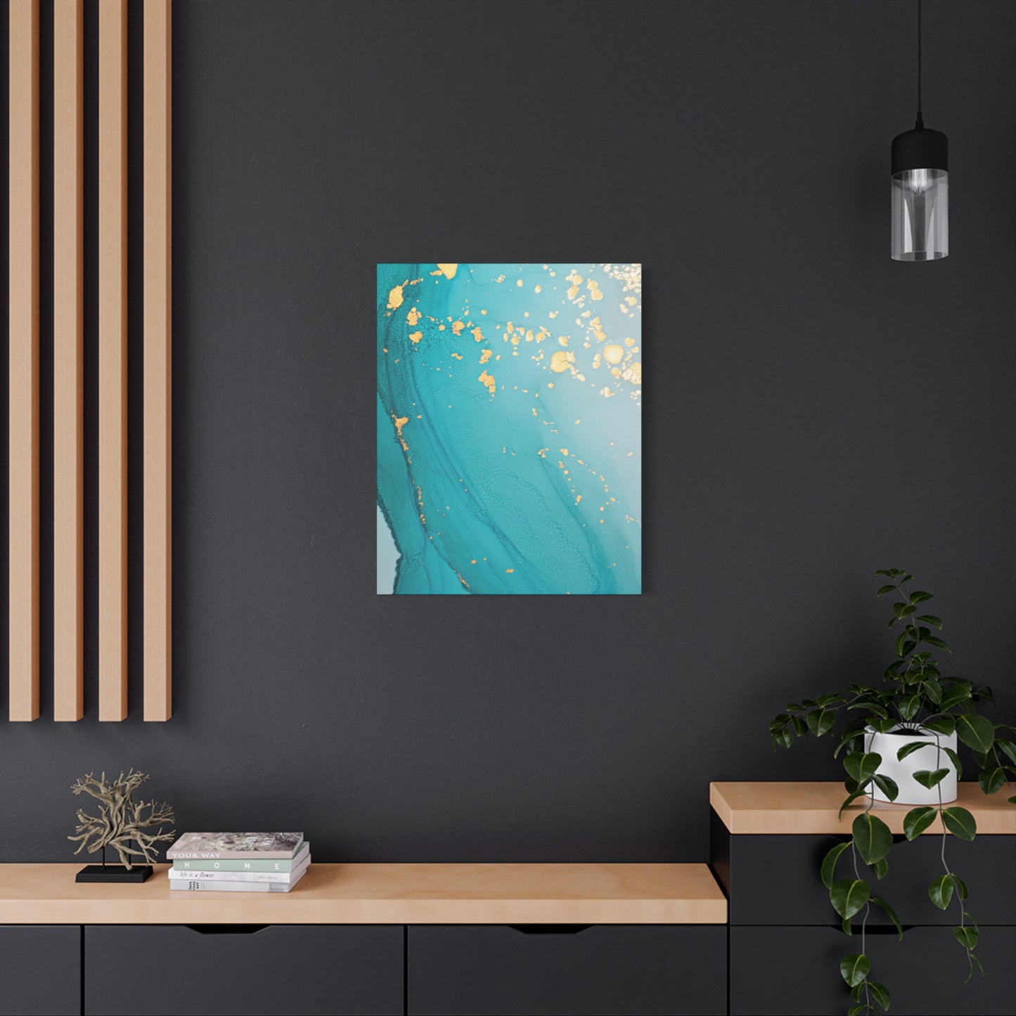 Turquoise & Gold Abstract Wall Art – Fluid Ink Canvas Print with Pink Accents for Modern Interior Décor