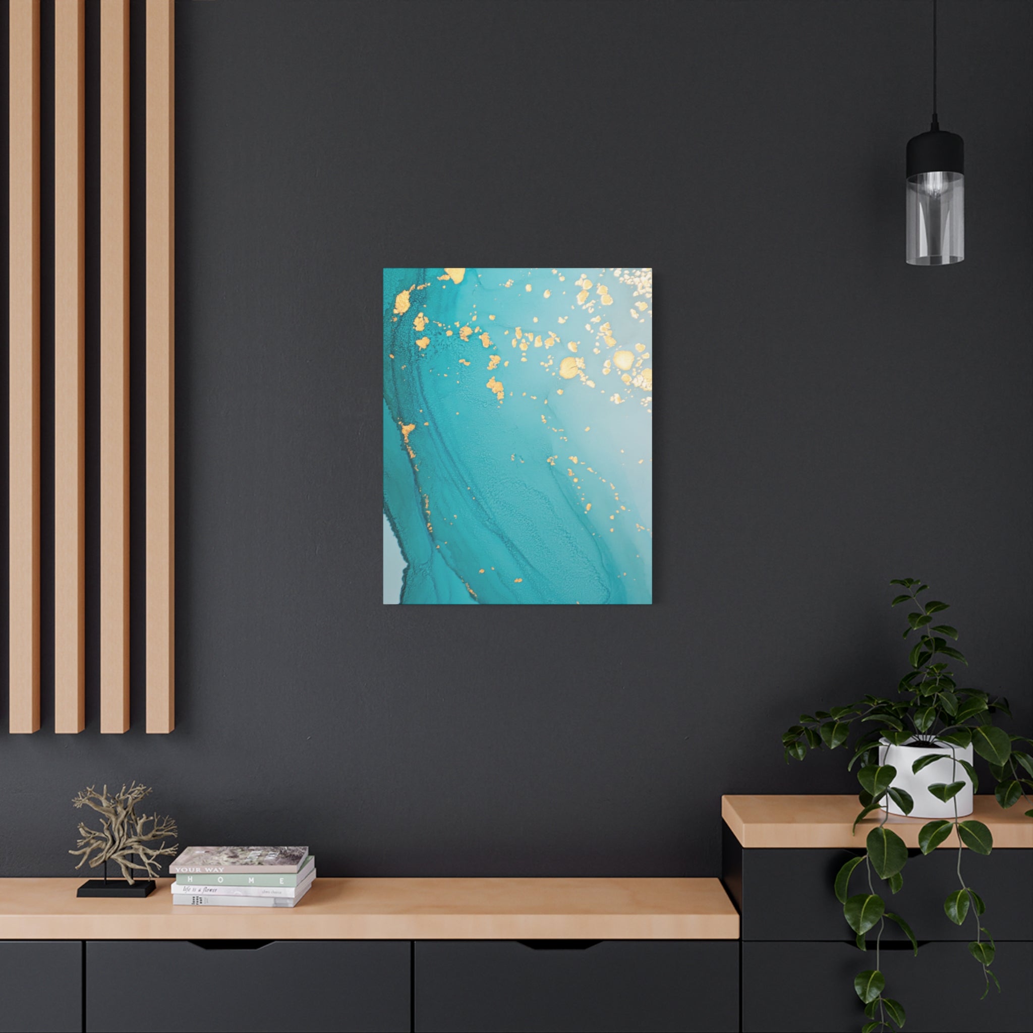 Turquoise & Gold Abstract Wall Art – Fluid Ink Canvas Print with Pink Accents for Modern Interior Décor