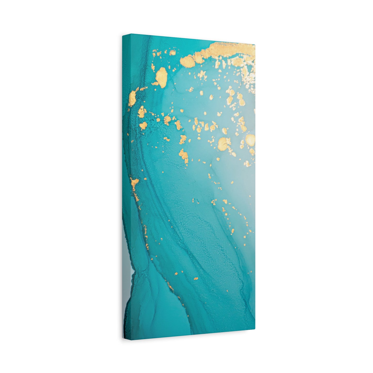 Turquoise & Gold Abstract Wall Art – Fluid Ink Canvas Print with Pink Accents for Modern Interior Décor