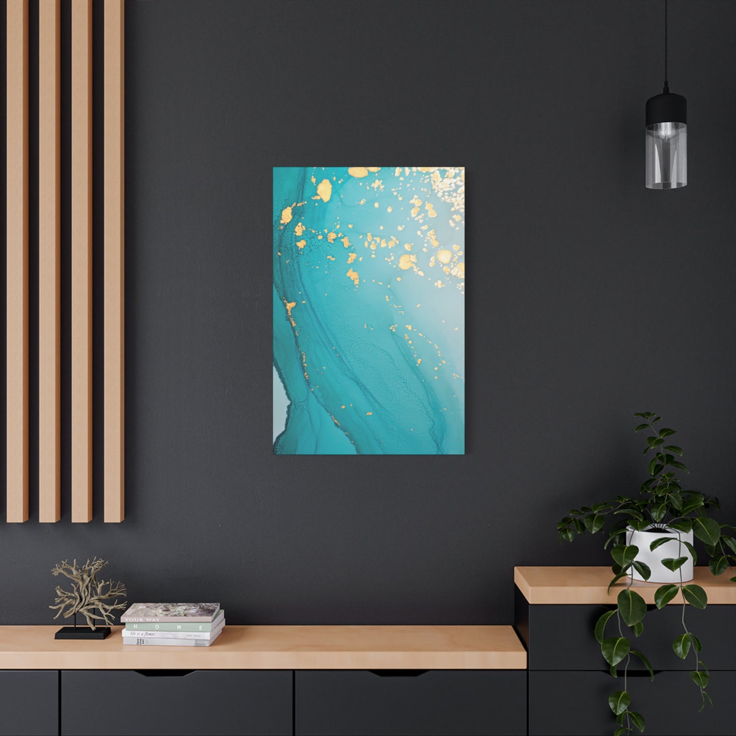 Turquoise & Gold Abstract Wall Art – Fluid Ink Canvas Print with Pink Accents for Modern Interior Décor