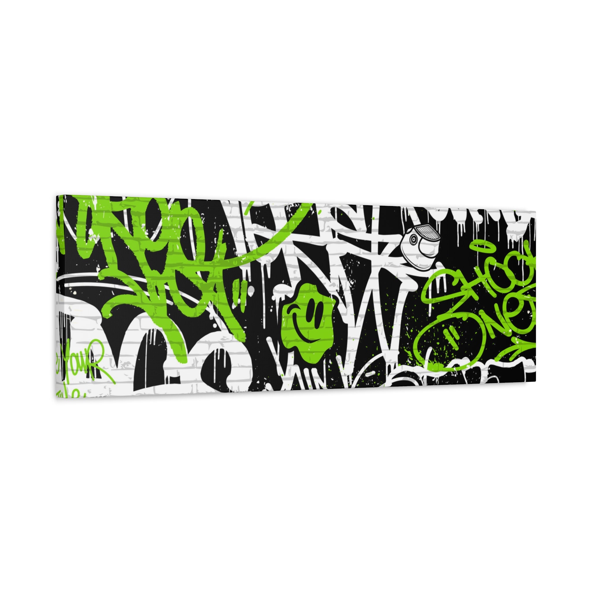 Neon Green Graffiti Wall Art – Urban Street Style Canvas with Tags, Smiley Faces & Brick Texture