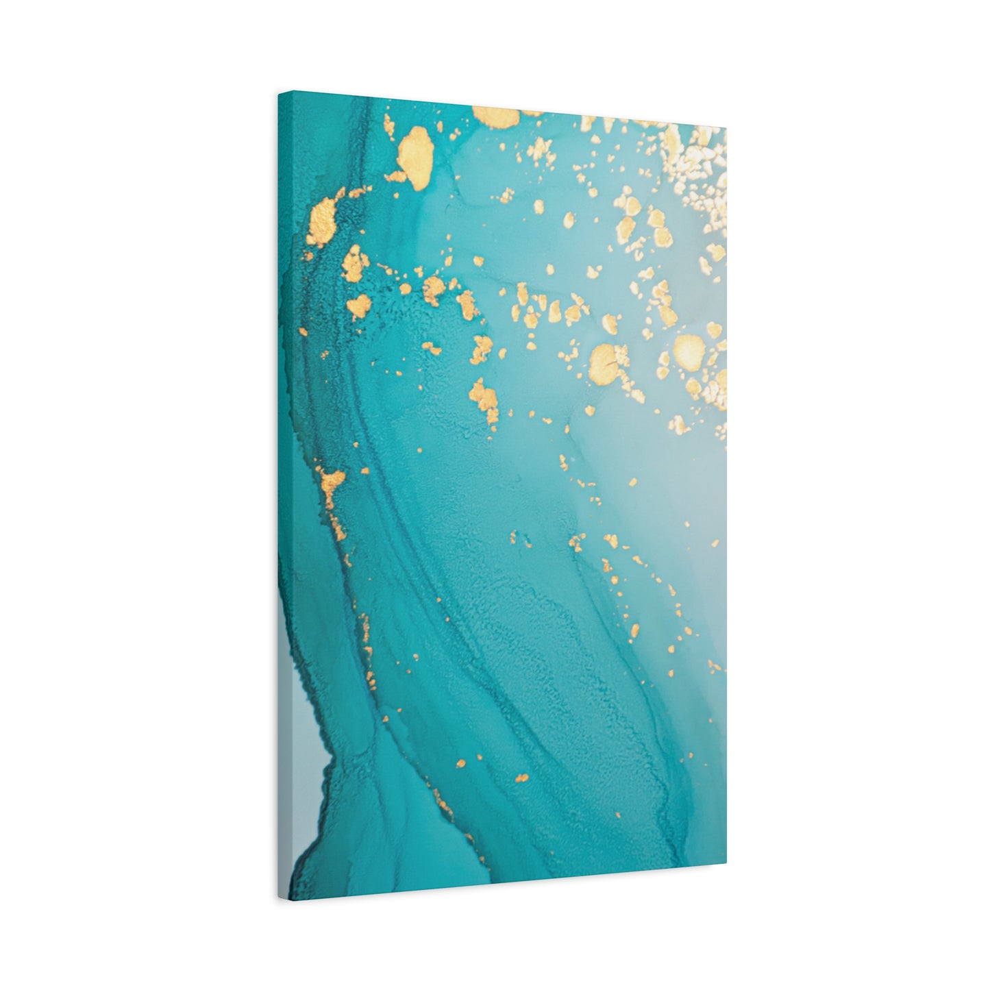 Turquoise & Gold Abstract Wall Art – Fluid Ink Canvas Print with Pink Accents for Modern Interior Décor