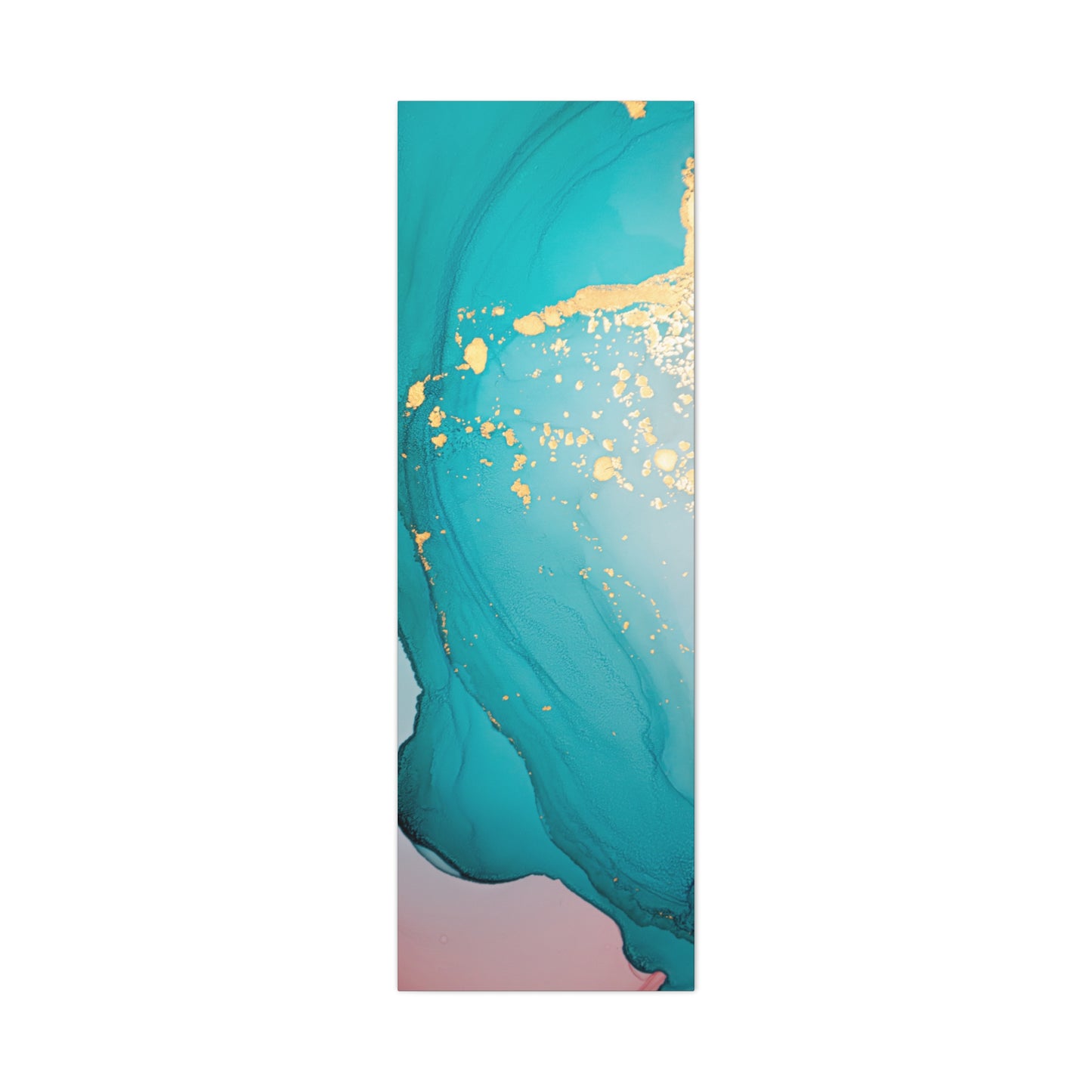 Turquoise & Gold Abstract Wall Art – Fluid Ink Canvas Print with Pink Accents for Modern Interior Décor