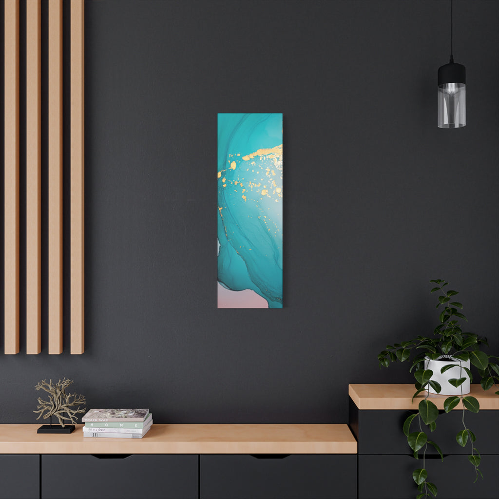 Turquoise & Gold Abstract Wall Art – Fluid Ink Canvas Print with Pink Accents for Modern Interior Décor