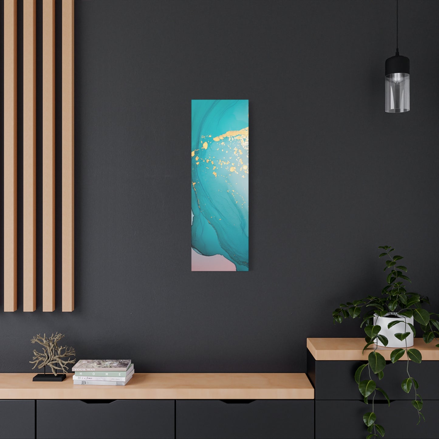 Turquoise & Gold Abstract Wall Art – Fluid Ink Canvas Print with Pink Accents for Modern Interior Décor