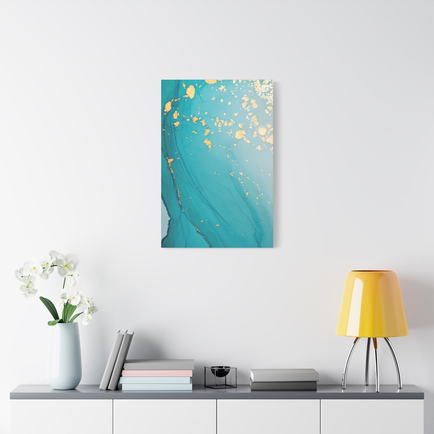 Turquoise & Gold Abstract Wall Art – Fluid Ink Canvas Print with Pink Accents for Modern Interior Décor