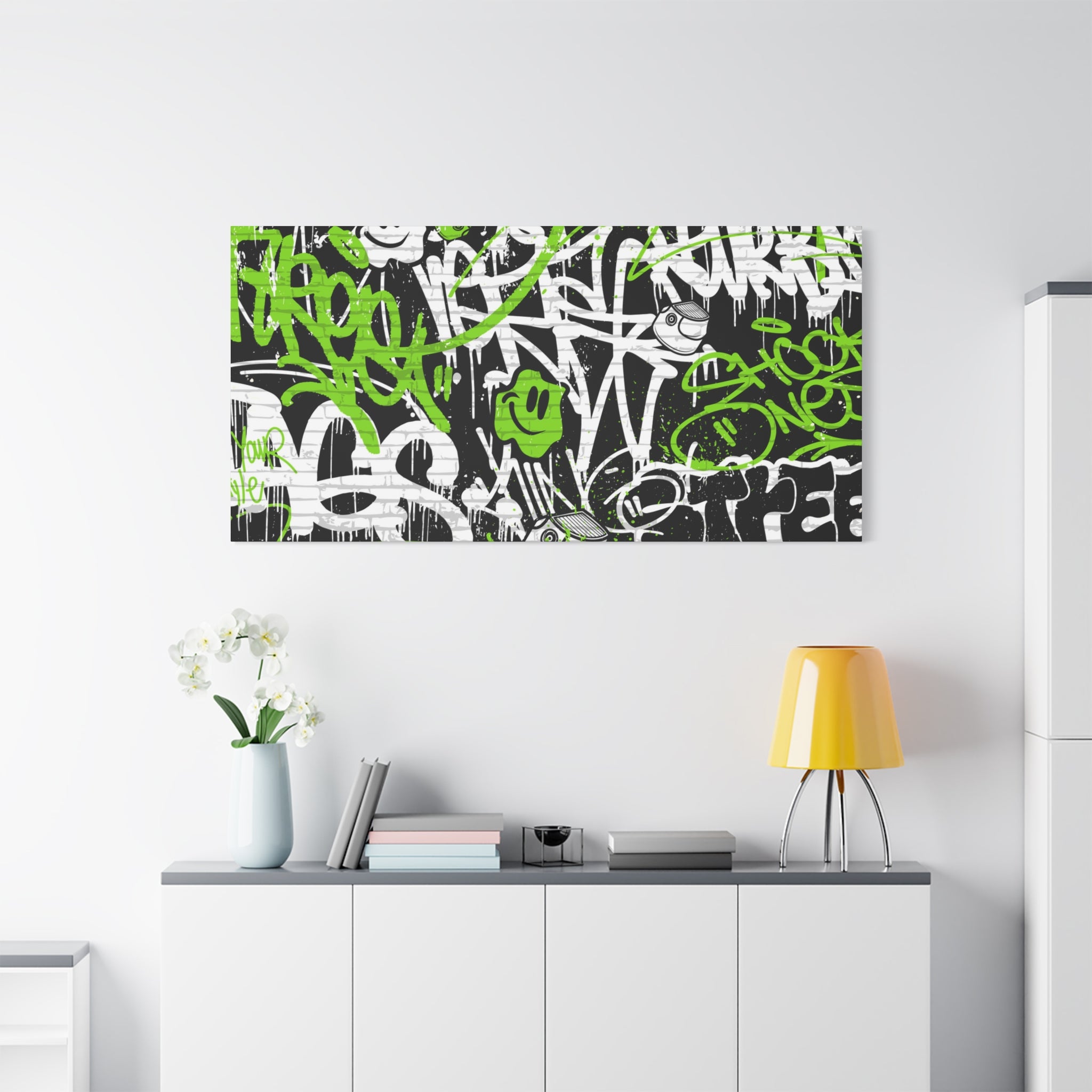 Neon Green Graffiti Wall Art – Urban Street Style Canvas with Tags, Smiley Faces & Brick Texture