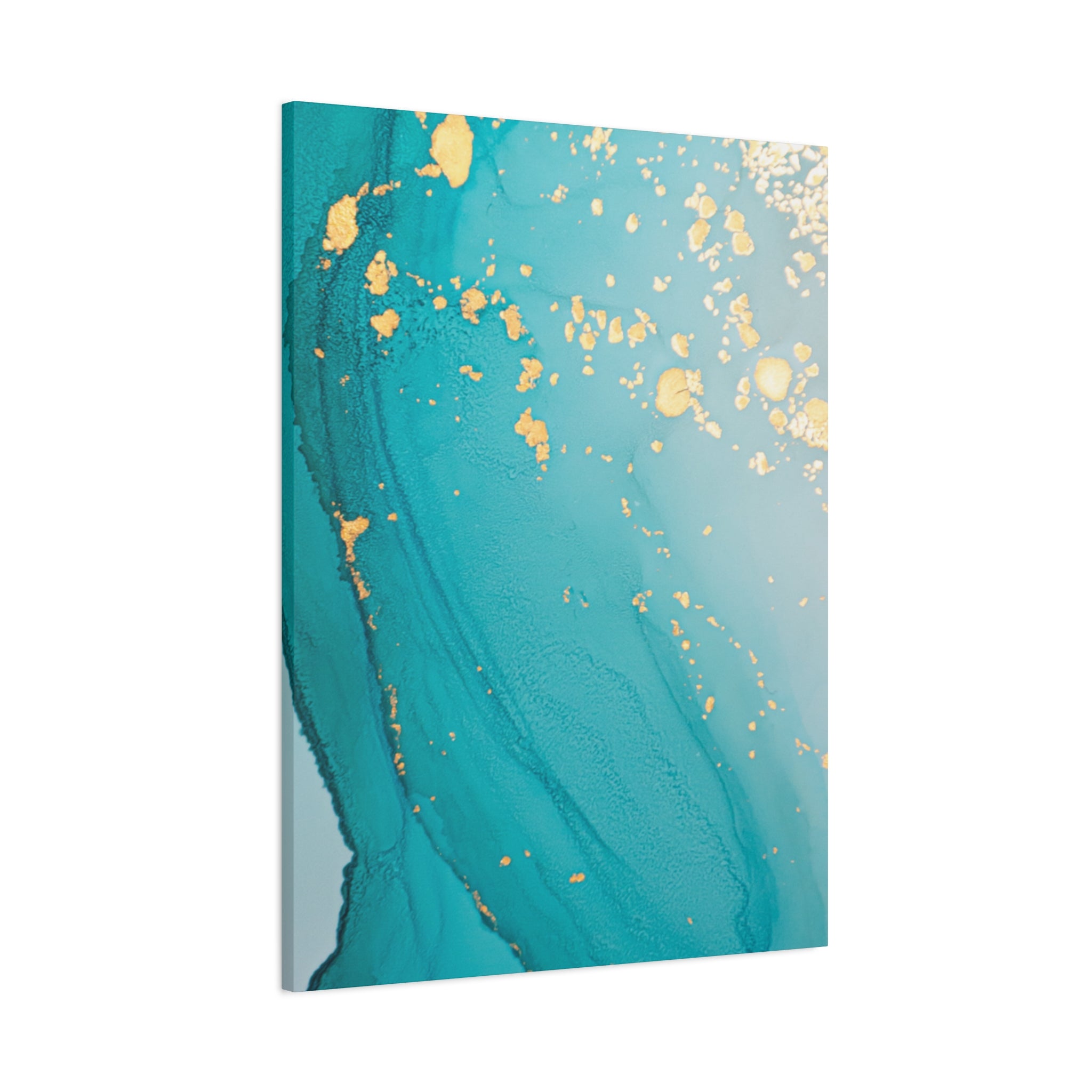 Turquoise & Gold Abstract Wall Art – Fluid Ink Canvas Print with Pink Accents for Modern Interior Décor
