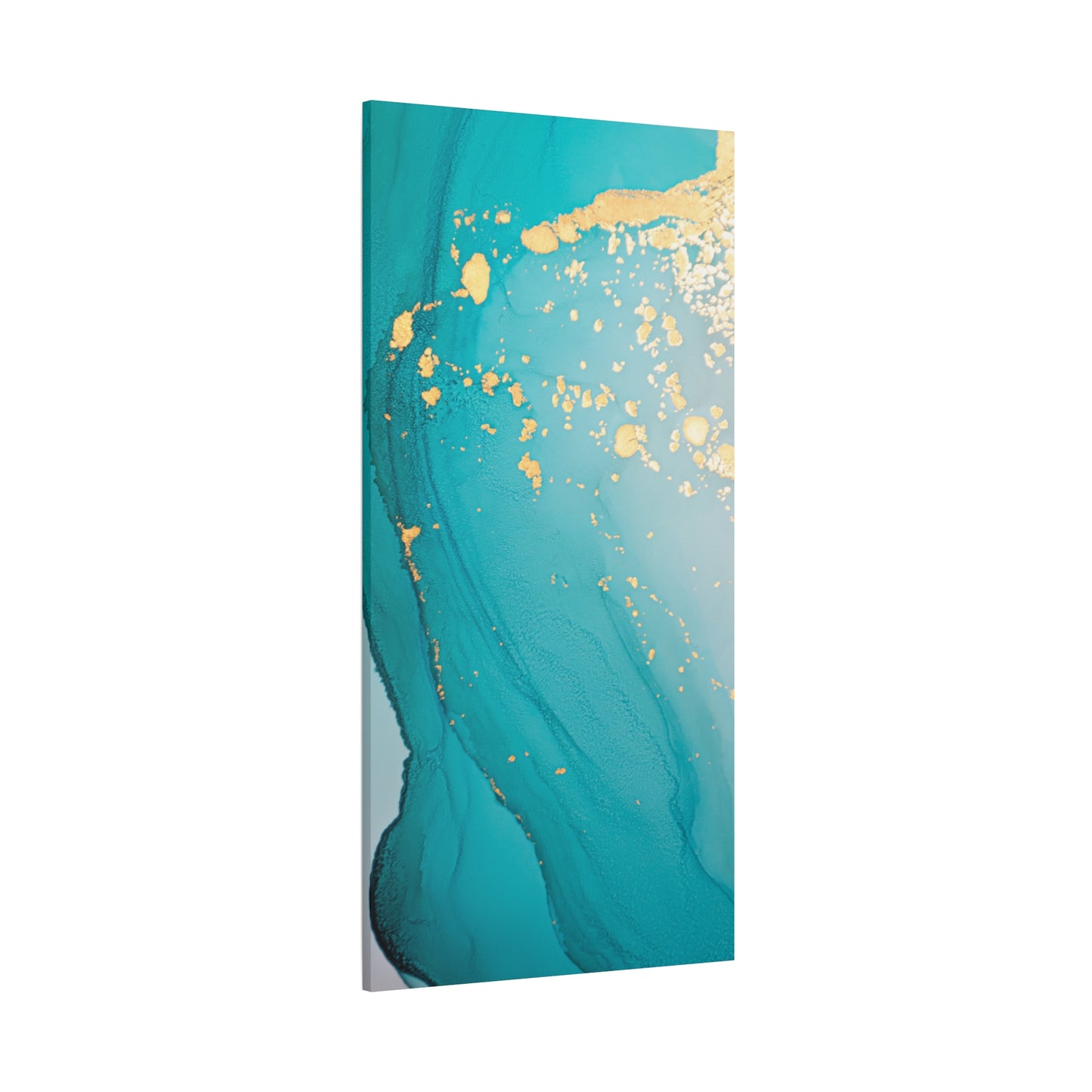 Turquoise & Gold Abstract Wall Art – Fluid Ink Canvas Print with Pink Accents for Modern Interior Décor