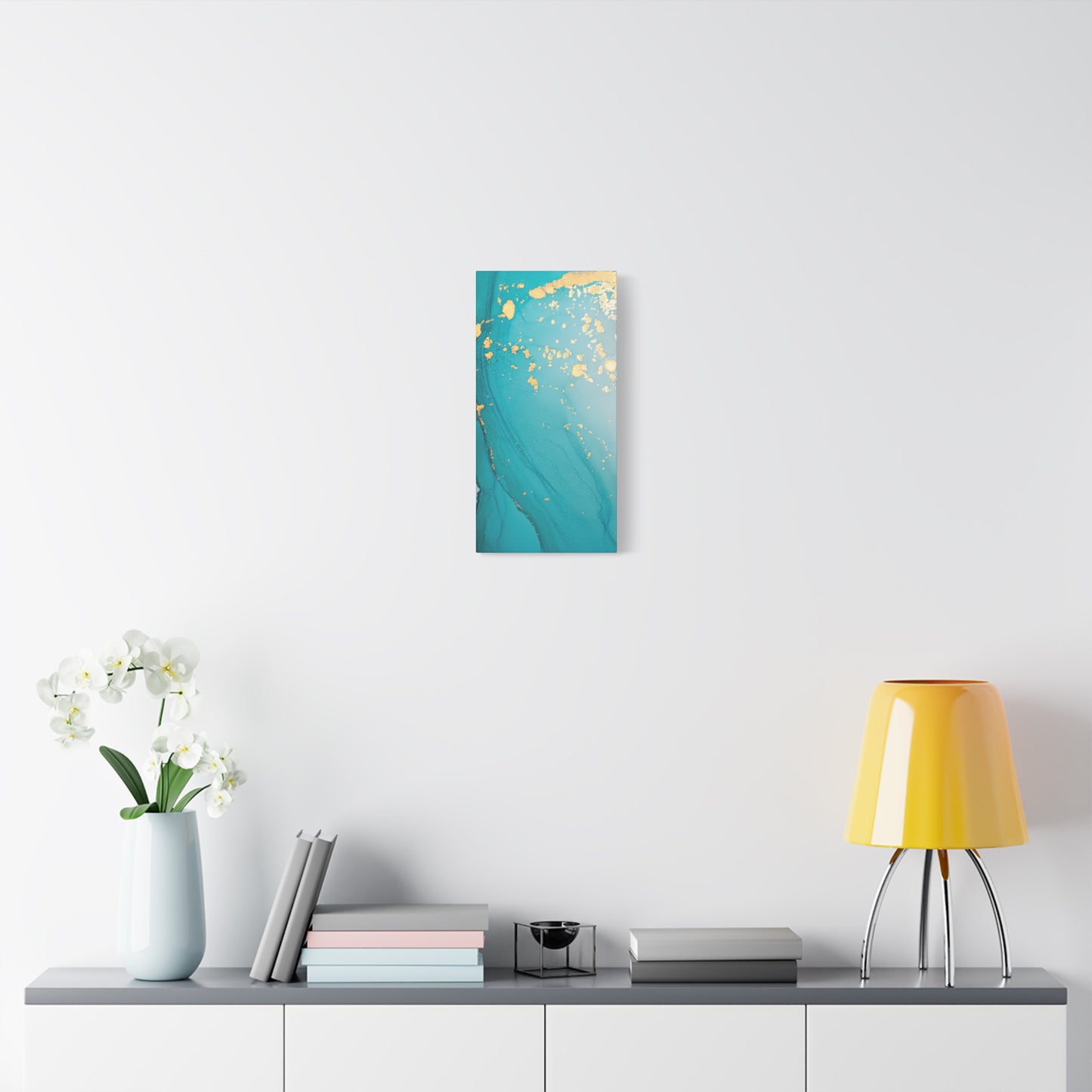 Turquoise & Gold Abstract Wall Art – Fluid Ink Canvas Print with Pink Accents for Modern Interior Décor