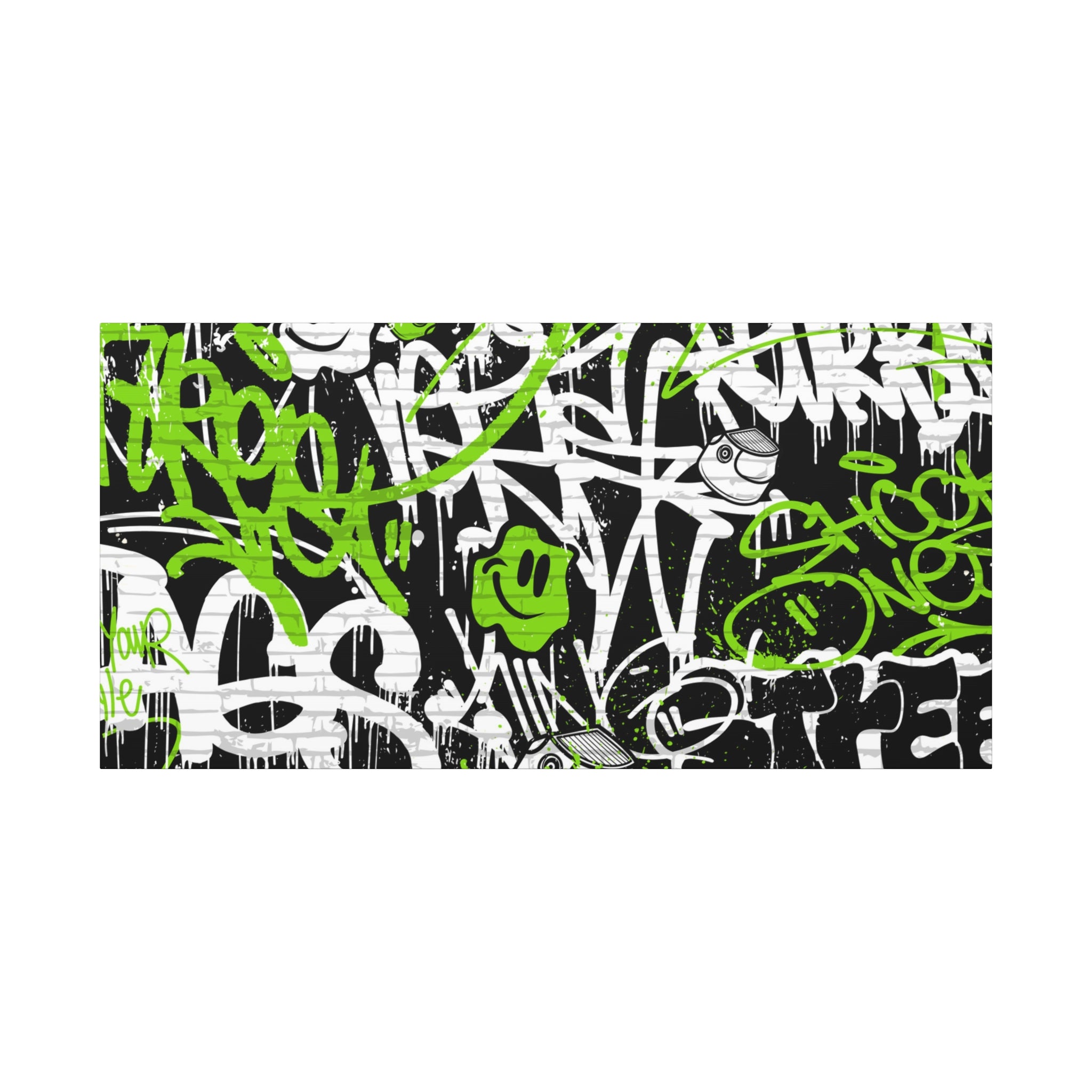 Neon Green Graffiti Wall Art – Urban Street Style Canvas with Tags, Smiley Faces & Brick Texture