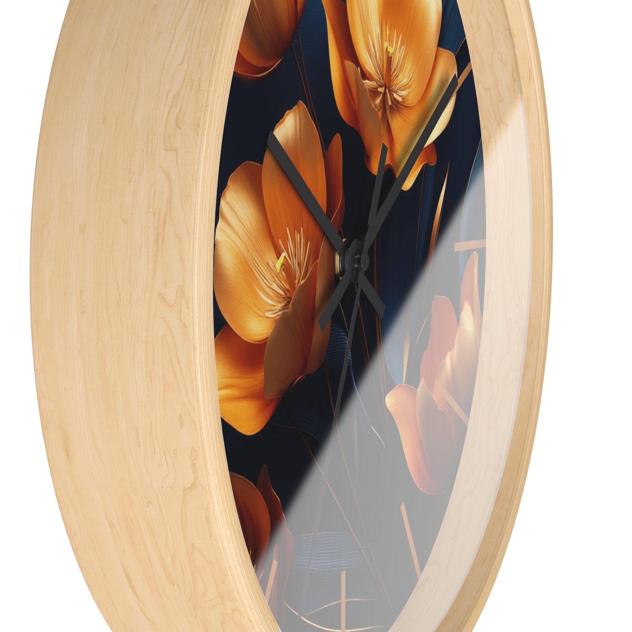 Golden Tulip Wall Clock – Elegant Floral Decor with Midnight Blue Backdrop