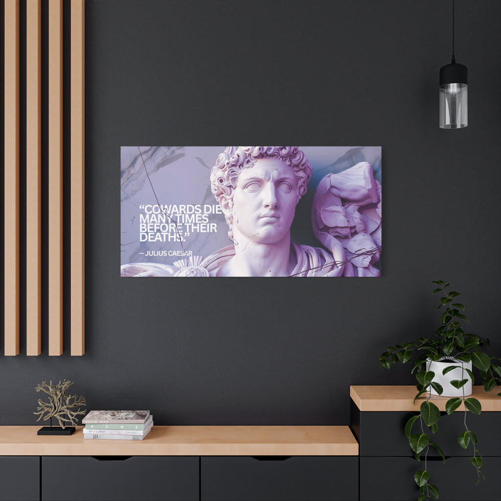 “Cowards Die Many Times” Julius Caesar Quote Wall Art – Lavender Roman Bust Canvas for Bold and Thoughtful Spaces