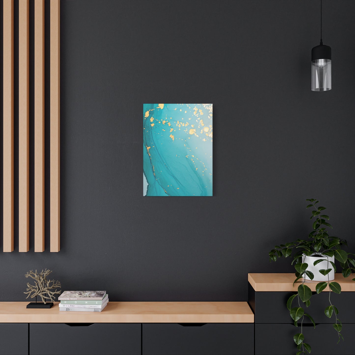 Turquoise & Gold Abstract Wall Art – Fluid Ink Canvas Print with Pink Accents for Modern Interior Décor