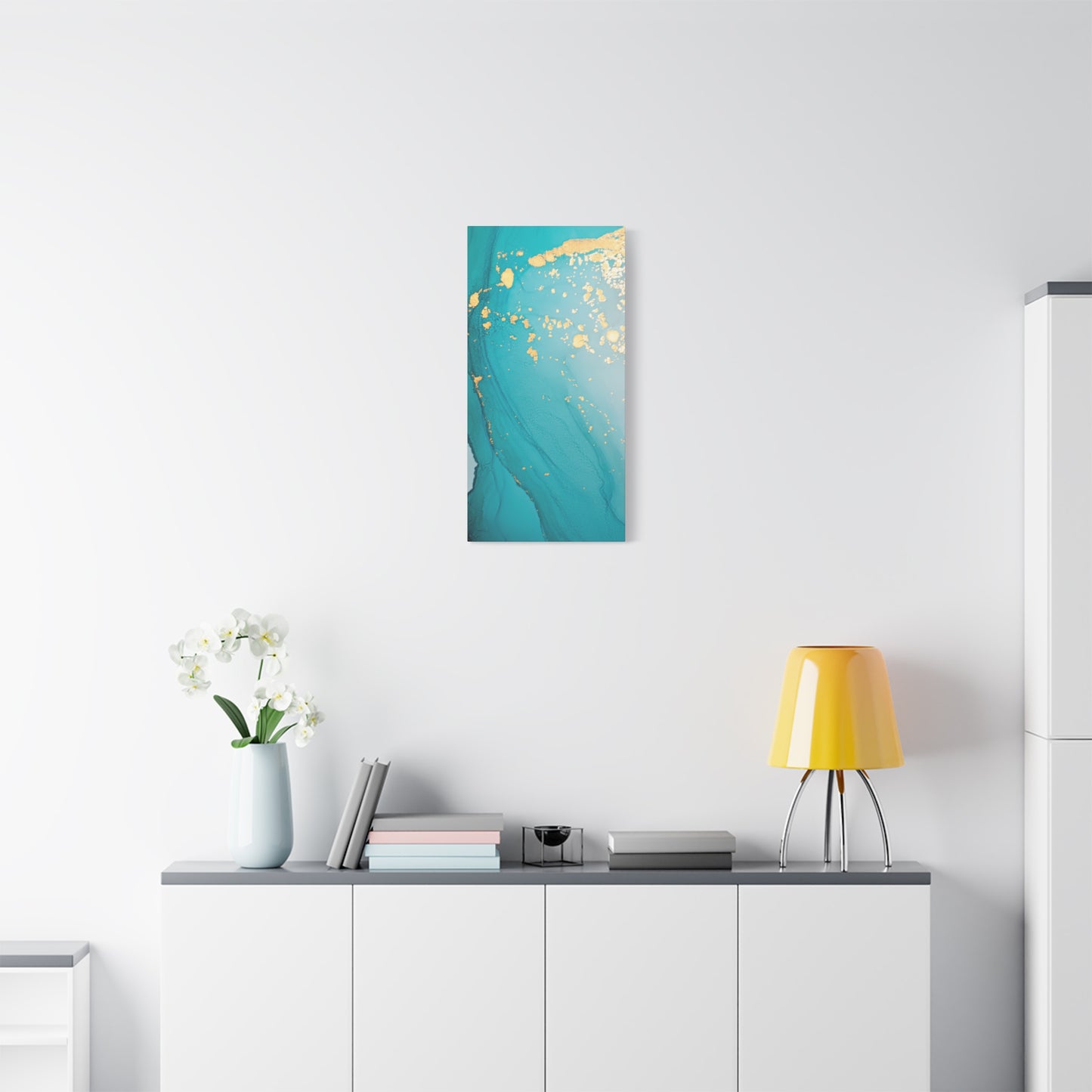 Turquoise & Gold Abstract Wall Art – Fluid Ink Canvas Print with Pink Accents for Modern Interior Décor