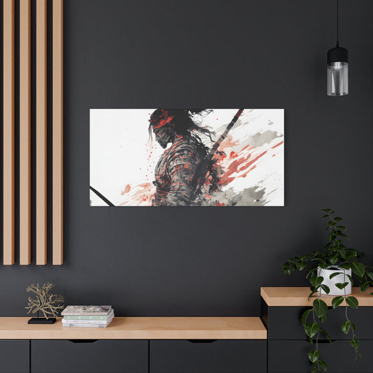 Bushido Samurai Ink Art – Red and Grey Watercolor Canvas Print of Warrior in Armor with Katana
