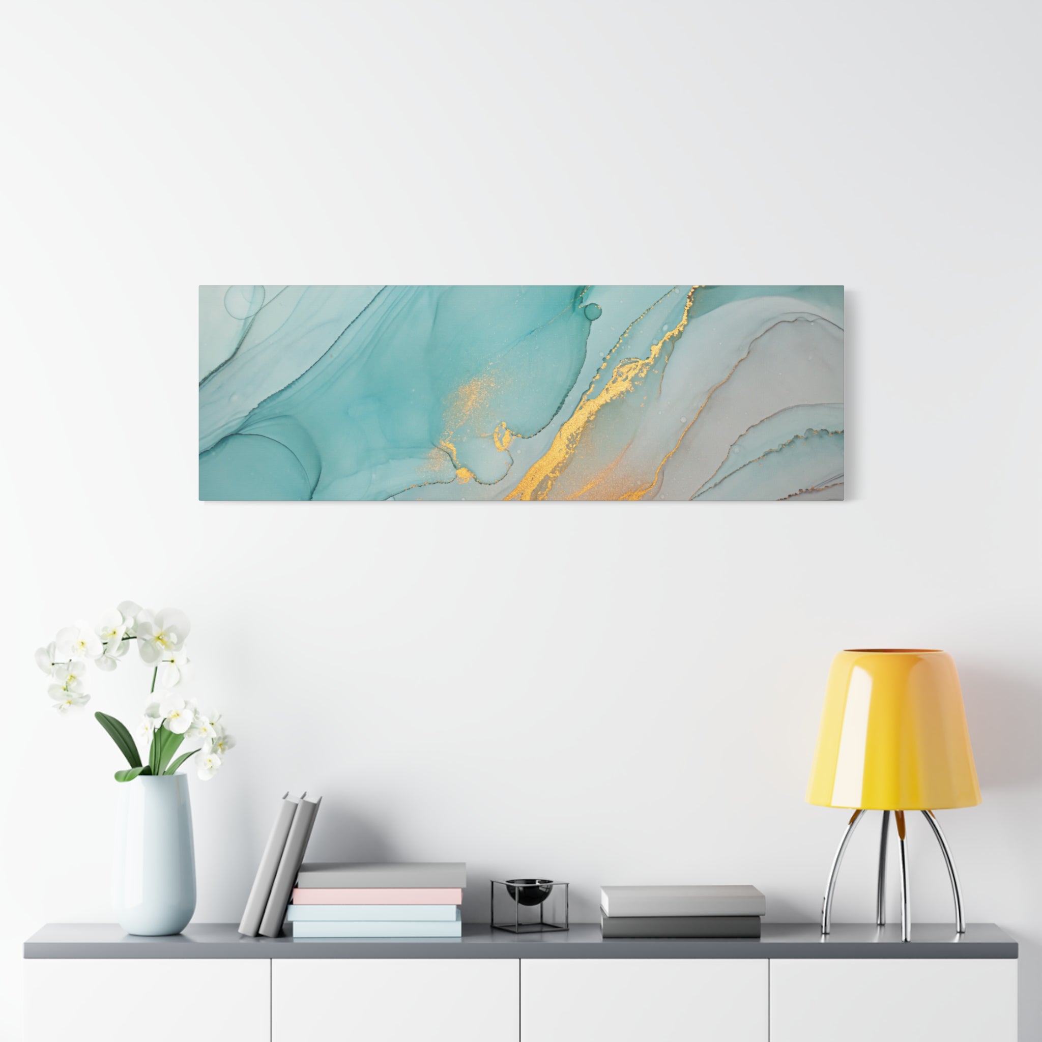 Aqua & Gold Fluid Abstract Canvas Wall Art – Modern Watercolor-Inspired Artwork for Living Room, Bedroom, or Office