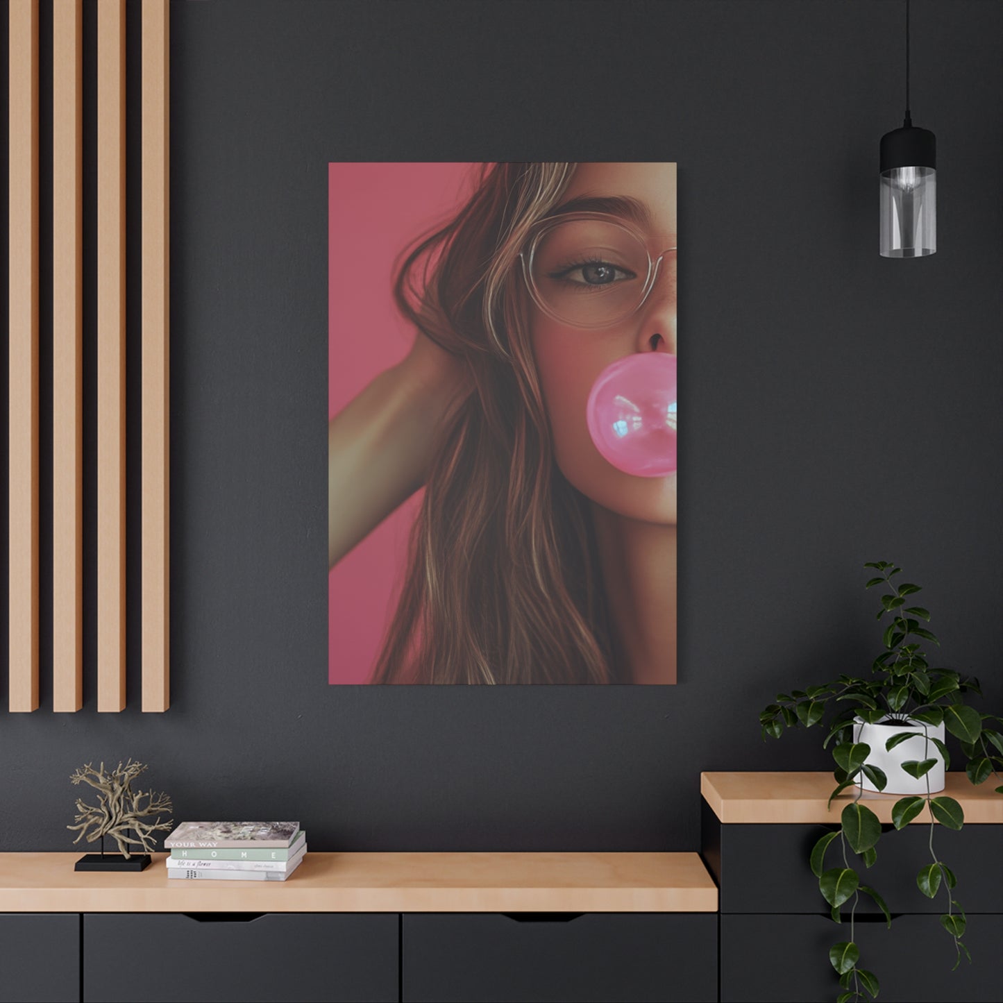 Trendy Bubblegum Girl Wall Art – Soft Pink Portrait Canvas Print with Retro Glasses Aesthetic