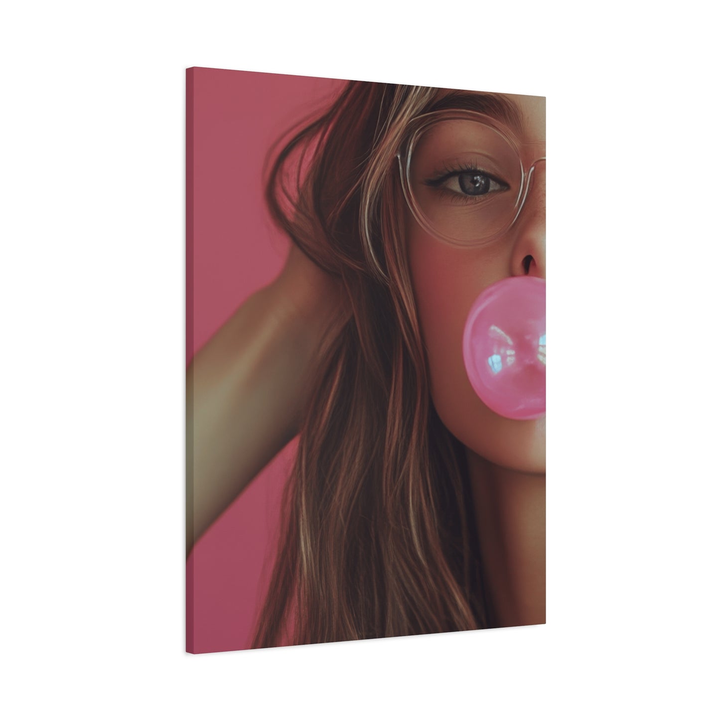 Trendy Bubblegum Girl Wall Art – Soft Pink Portrait Canvas Print with Retro Glasses Aesthetic