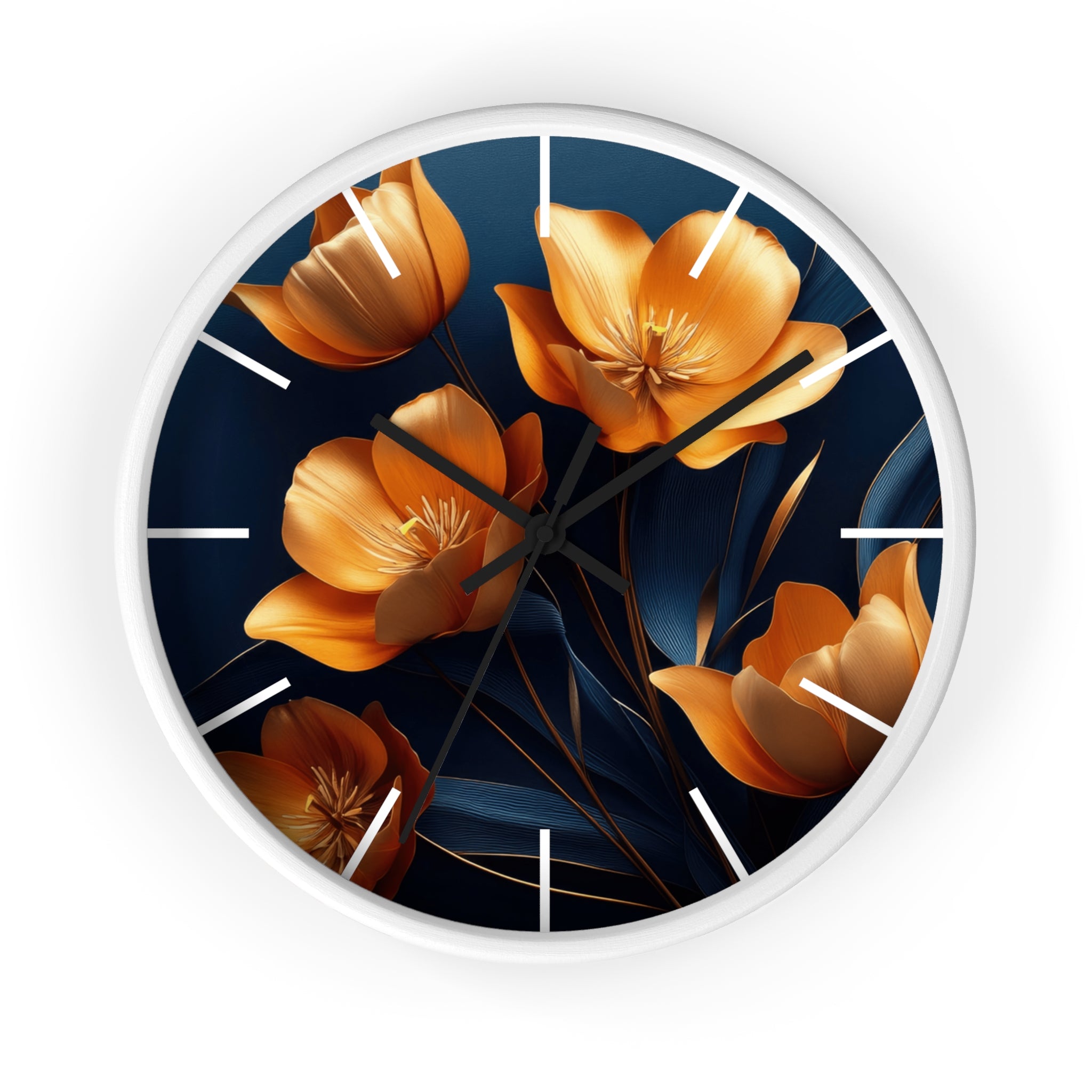 Golden Tulip Wall Clock – Elegant Floral Decor with Midnight Blue Backdrop