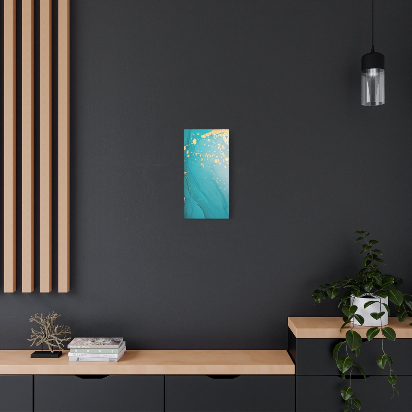 Turquoise & Gold Abstract Wall Art – Fluid Ink Canvas Print with Pink Accents for Modern Interior Décor