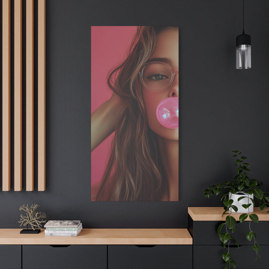 Trendy Bubblegum Girl Wall Art – Soft Pink Portrait Canvas Print with Retro Glasses Aesthetic