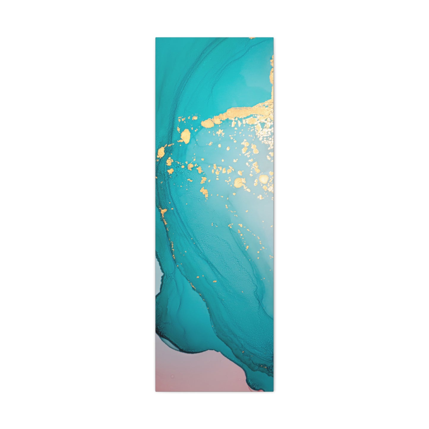 Turquoise & Gold Abstract Wall Art – Fluid Ink Canvas Print with Pink Accents for Modern Interior Décor