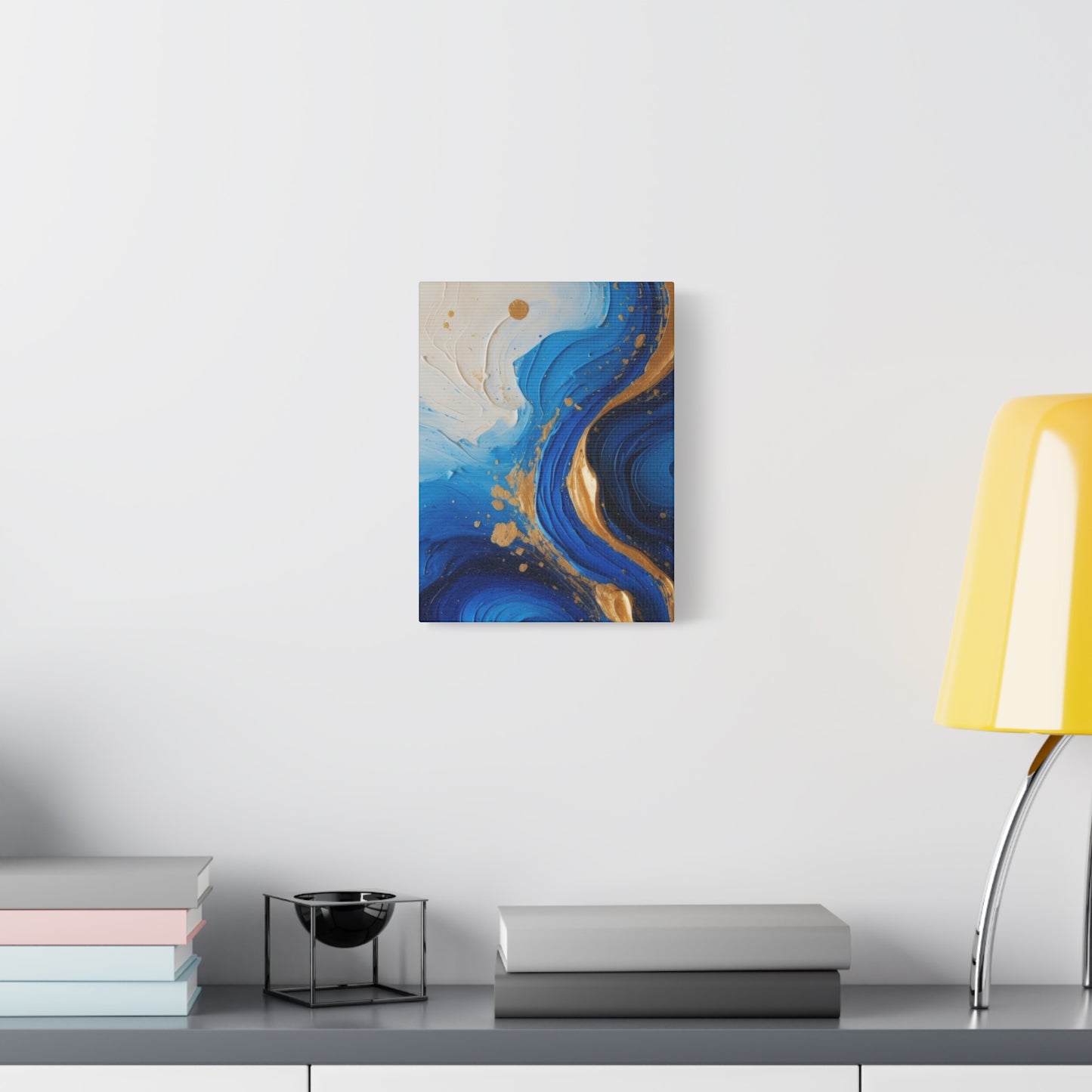 Blue and Gold Abstract Fluid Wall Art – Luxury Canvas Print with Textured Paint Swirls for Modern Home Décor