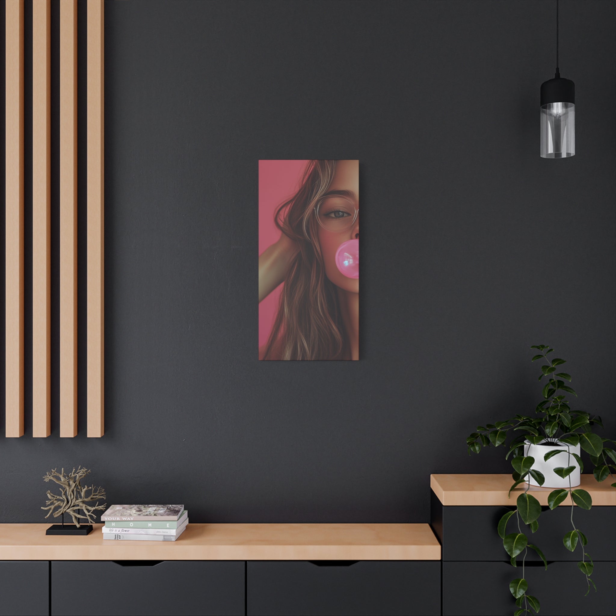 Trendy Bubblegum Girl Wall Art – Soft Pink Portrait Canvas Print with Retro Glasses Aesthetic