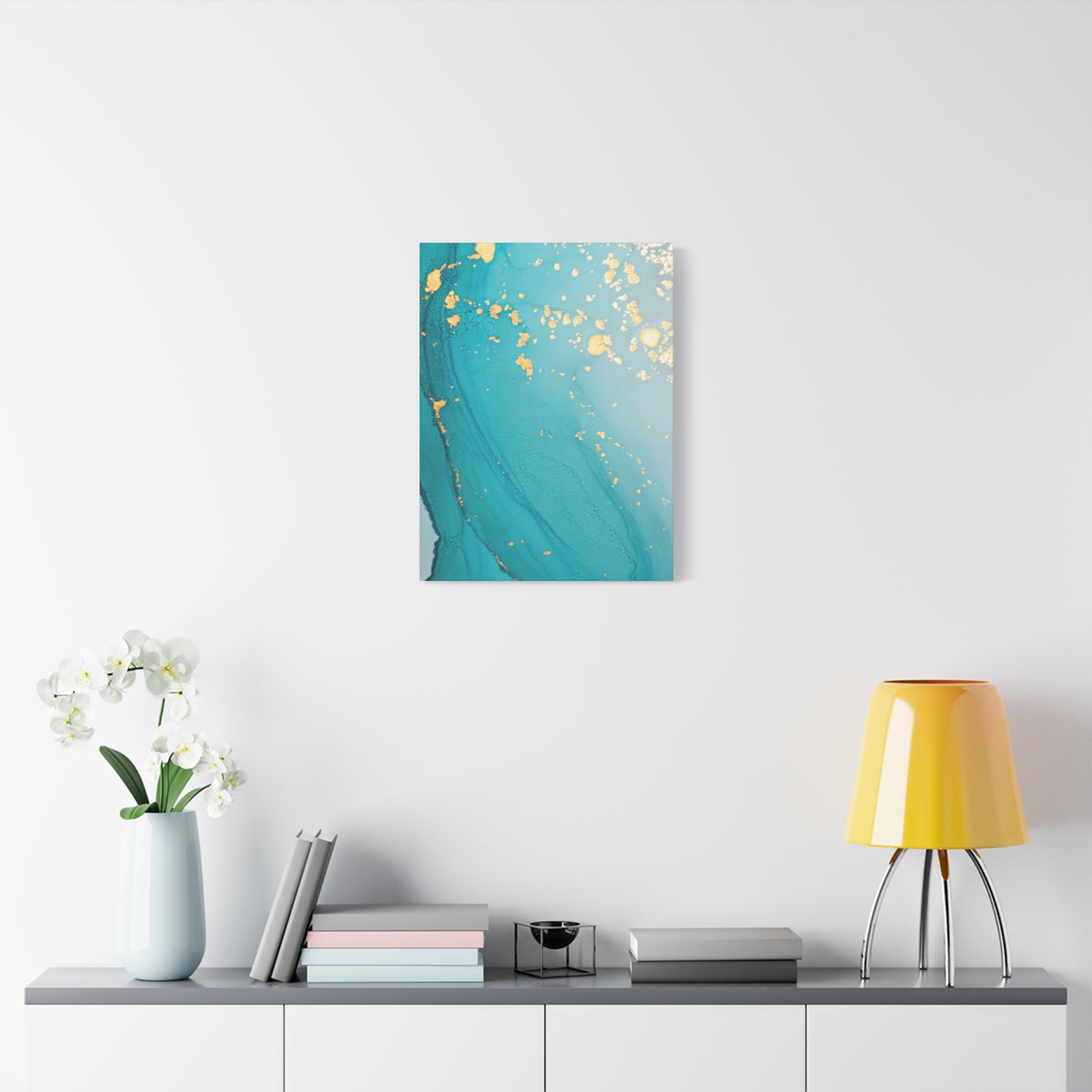 Turquoise & Gold Abstract Wall Art – Fluid Ink Canvas Print with Pink Accents for Modern Interior Décor